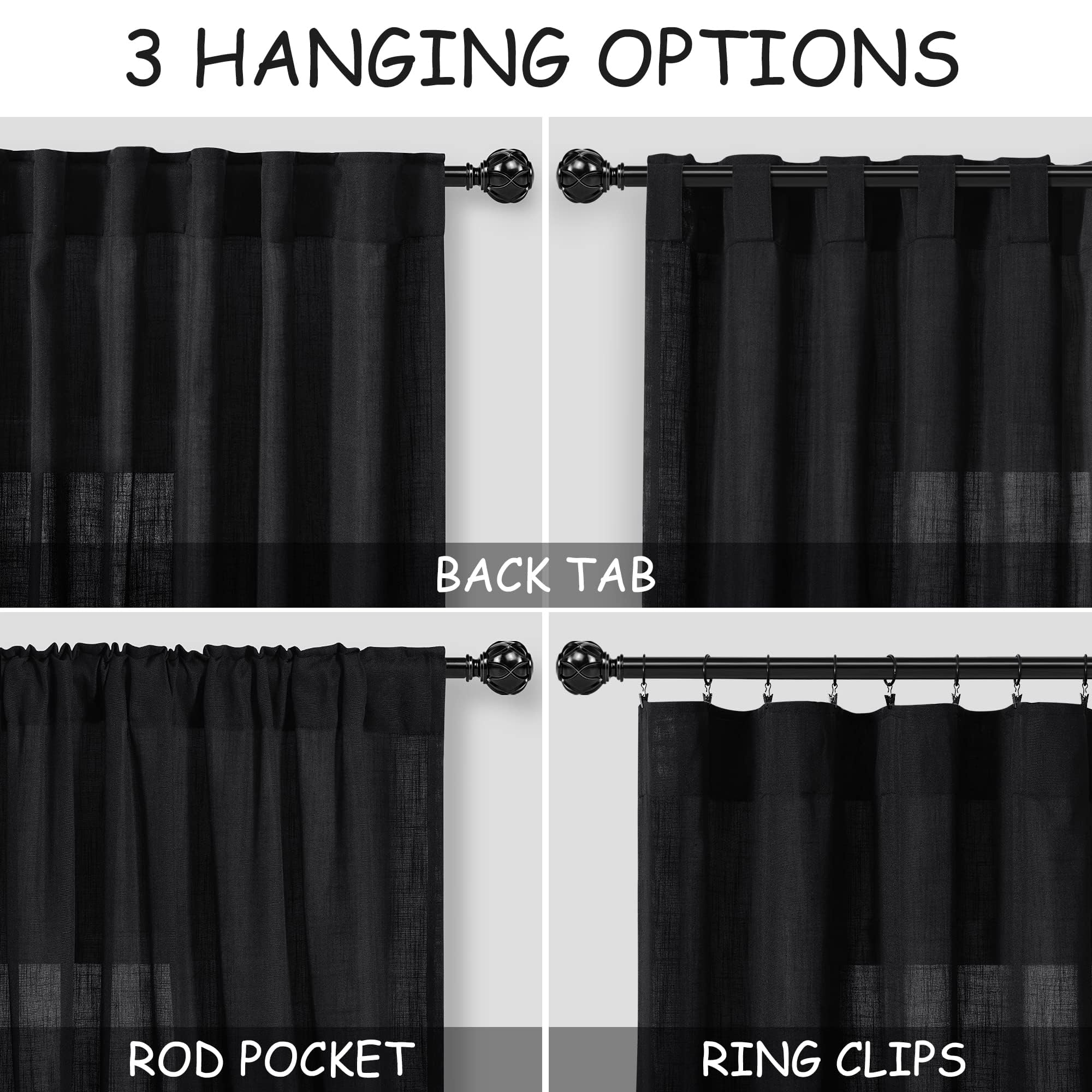 Nanspring Short Linen Curtains 36 Inch Length for Kitchen Windows Over Sink Black Privacy Panels Back Tab and Rod Pocket Neutral