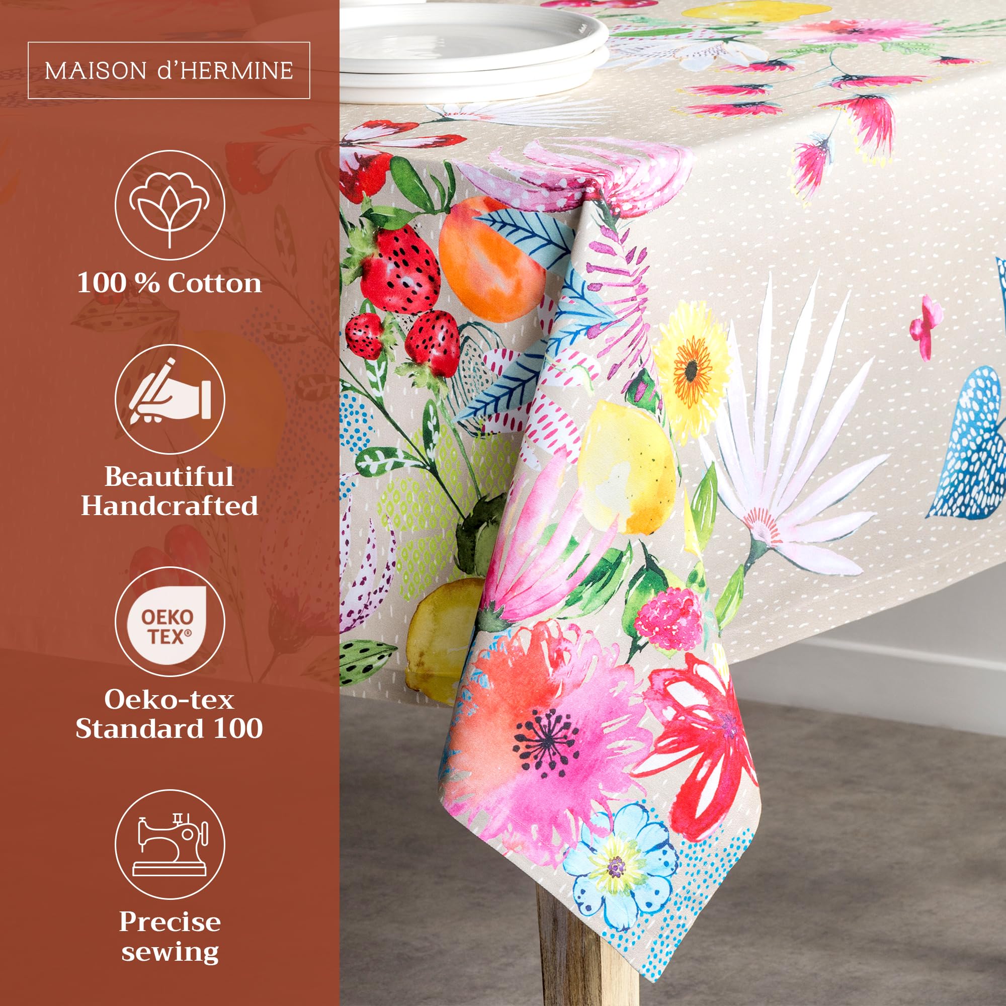 Maison d Hermine Table Cloth Rectangle Table 100% Cotton 54 x 72 Inches Tablecloth Reusable Decorative for Dining Room, Farmhou