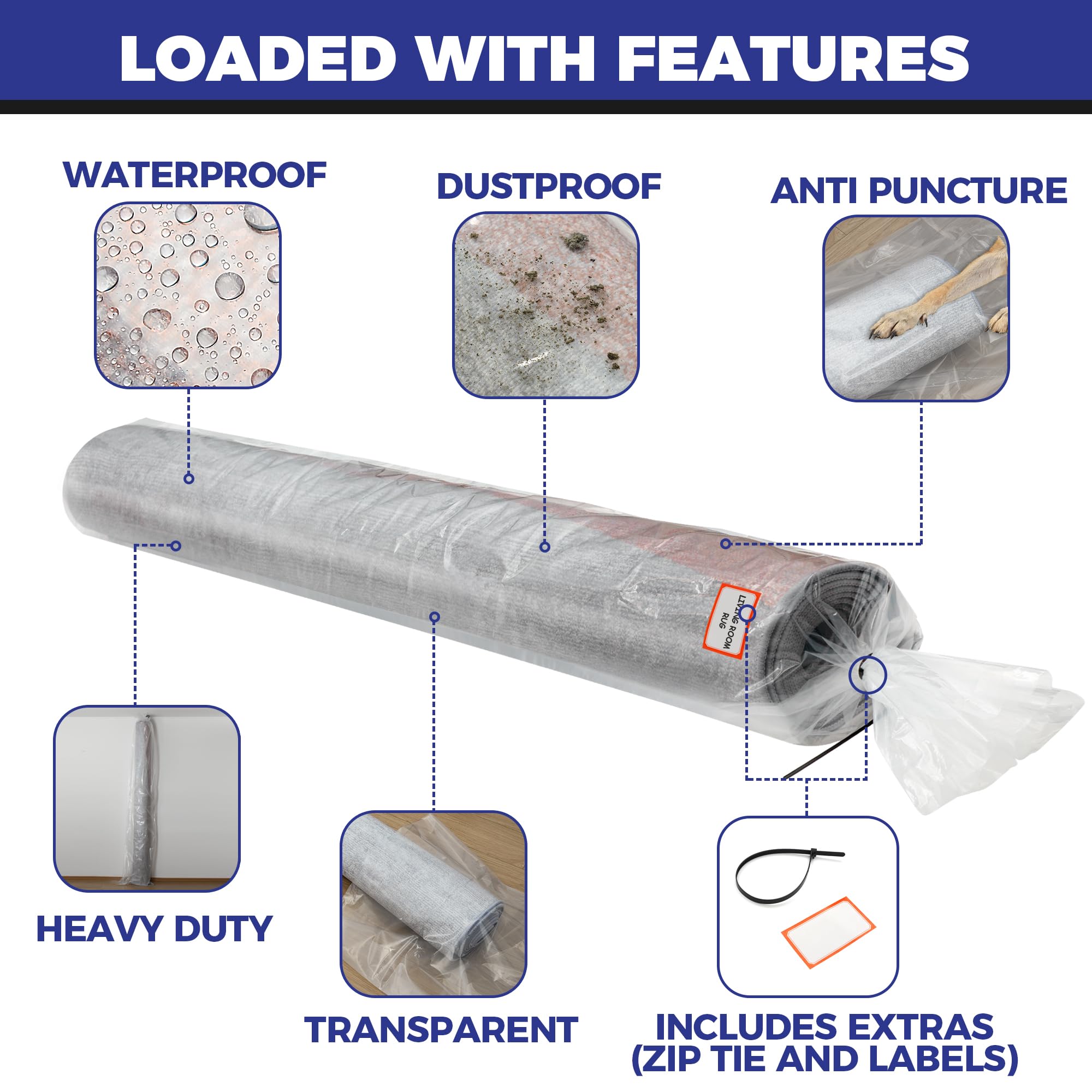 Heavy Duty Rug Storage Bag - Reusable Rug Shipping Bag, Waterproof Plastic Rug Cover - Fits Rolled Carpet Up To 9 X 12 Feet, 4 M