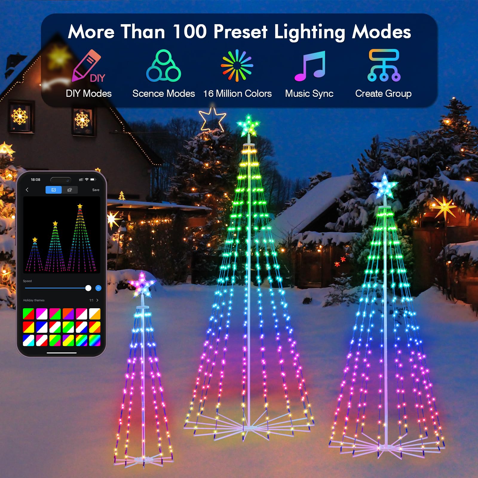 HOLILLUMA Outdoor Christmas Tree, 3-Pack RGB Color Changing Pre-Lit Smart Cone Christmas Tree with LED Lights, App & Remote Cont