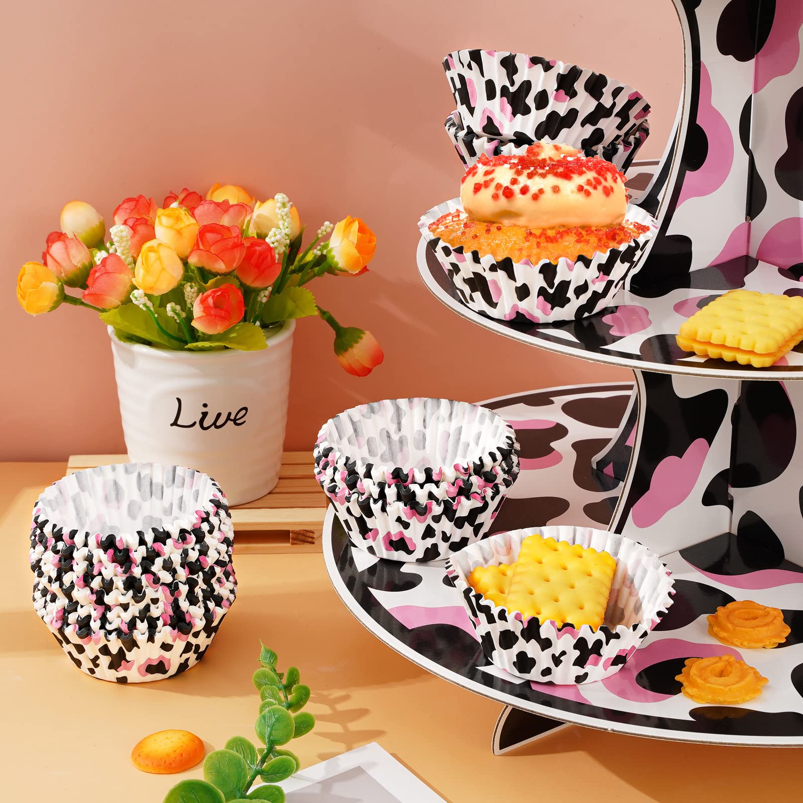 Whaline 300Pcs Cow Print Cupcake Liners Cow Paper Muffin Cupcake Liners 2X1.2 Inch Cow Animal Baking Cups Holders Cupcake Liners
