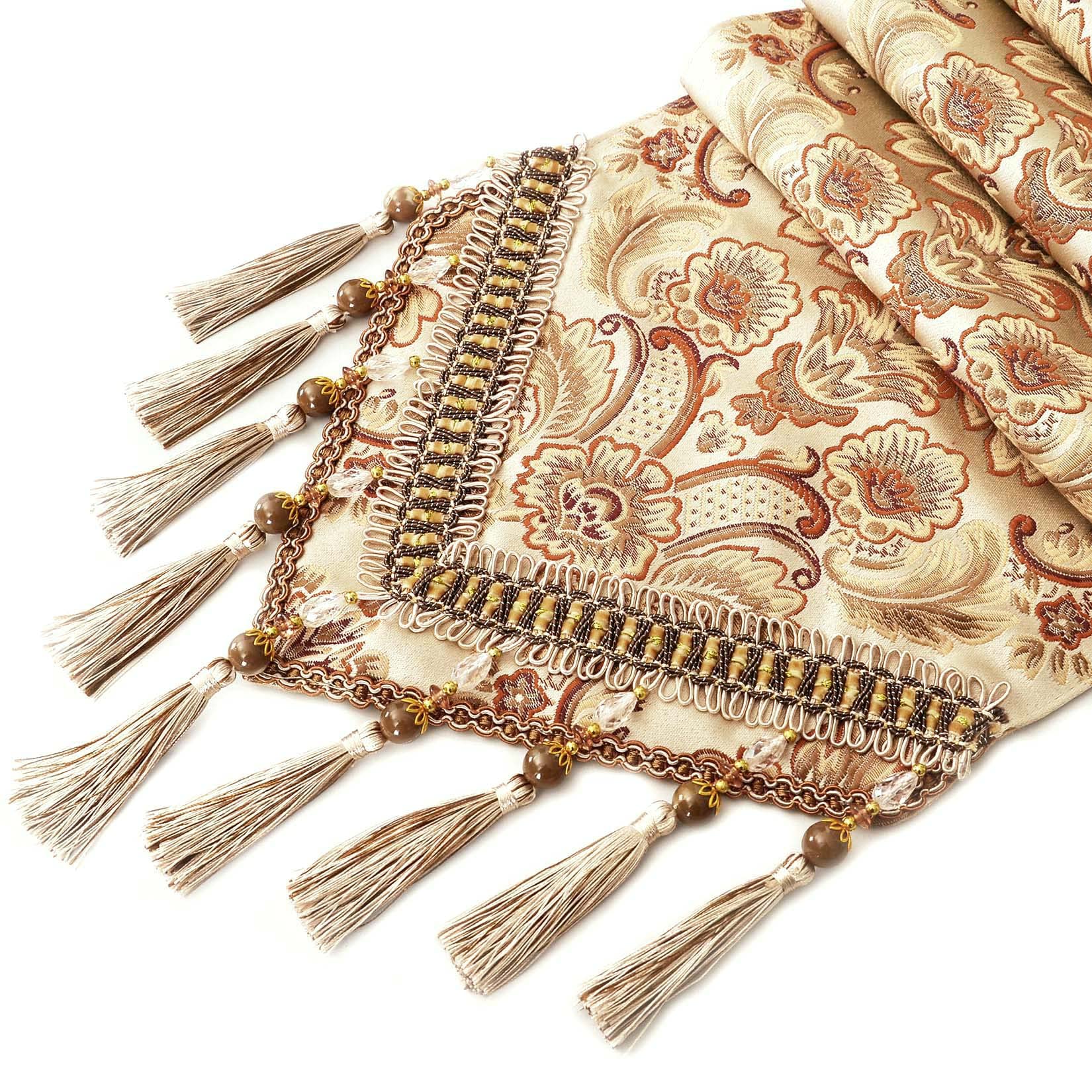 Grelucgo Luxury Thick Lined Damask Table Runners With Multi-Tassels (12X72 Inch)