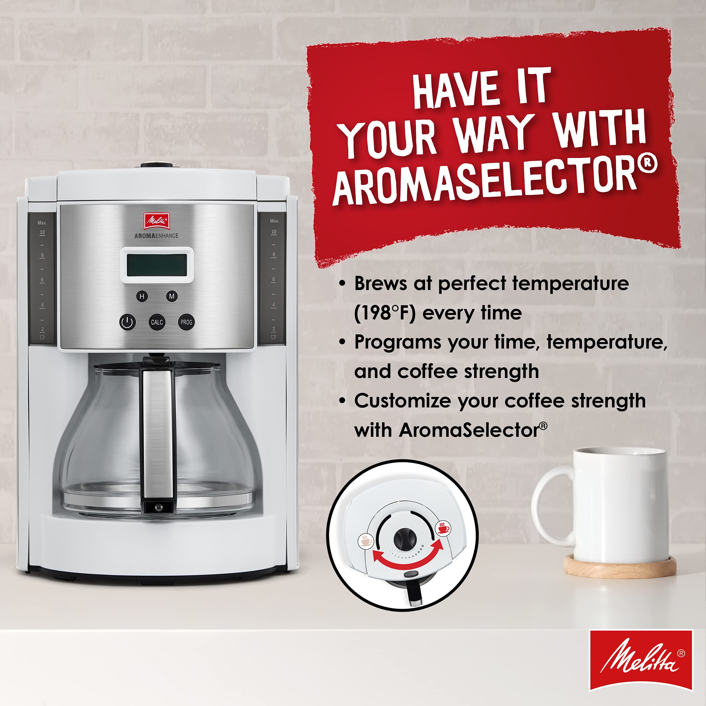 Melitta Aroma Enhance Drip Coffee Maker, With Glass Carafe, 10 Cups Capacity, White