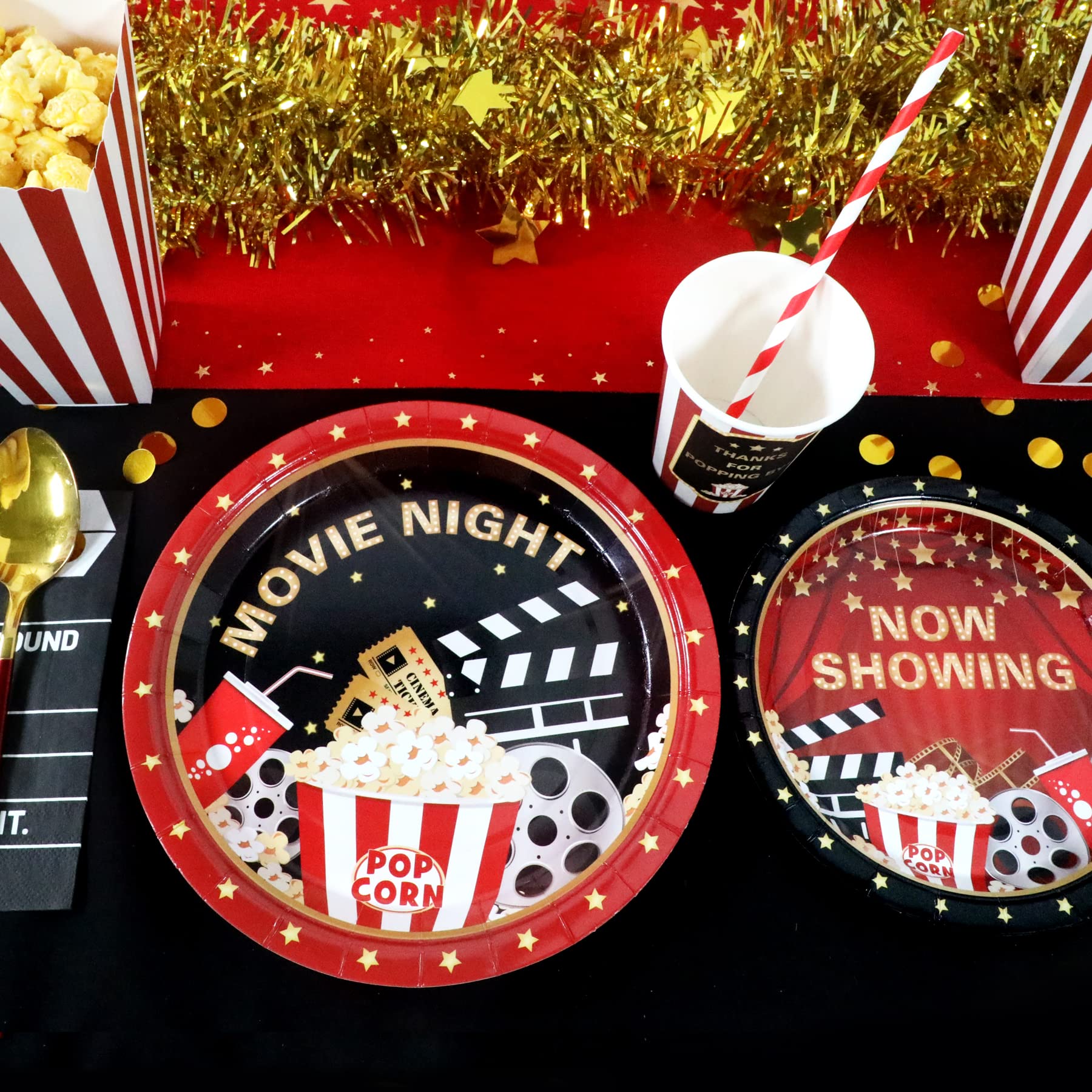 Recheel Movie Night Party Supplies Decorations, Movie Theme Birthday Paper Plates And Napkins Set With Cups And Straws For 24 Gu
