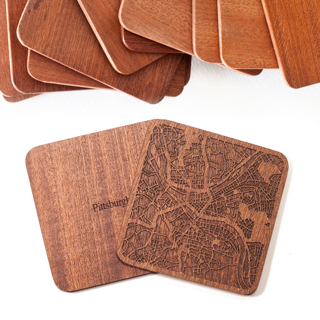Pittsburgh Map Coaster By O3 Design Studio, Set Of 4, Sapele Wooden Coaster With City Map, Handmade
