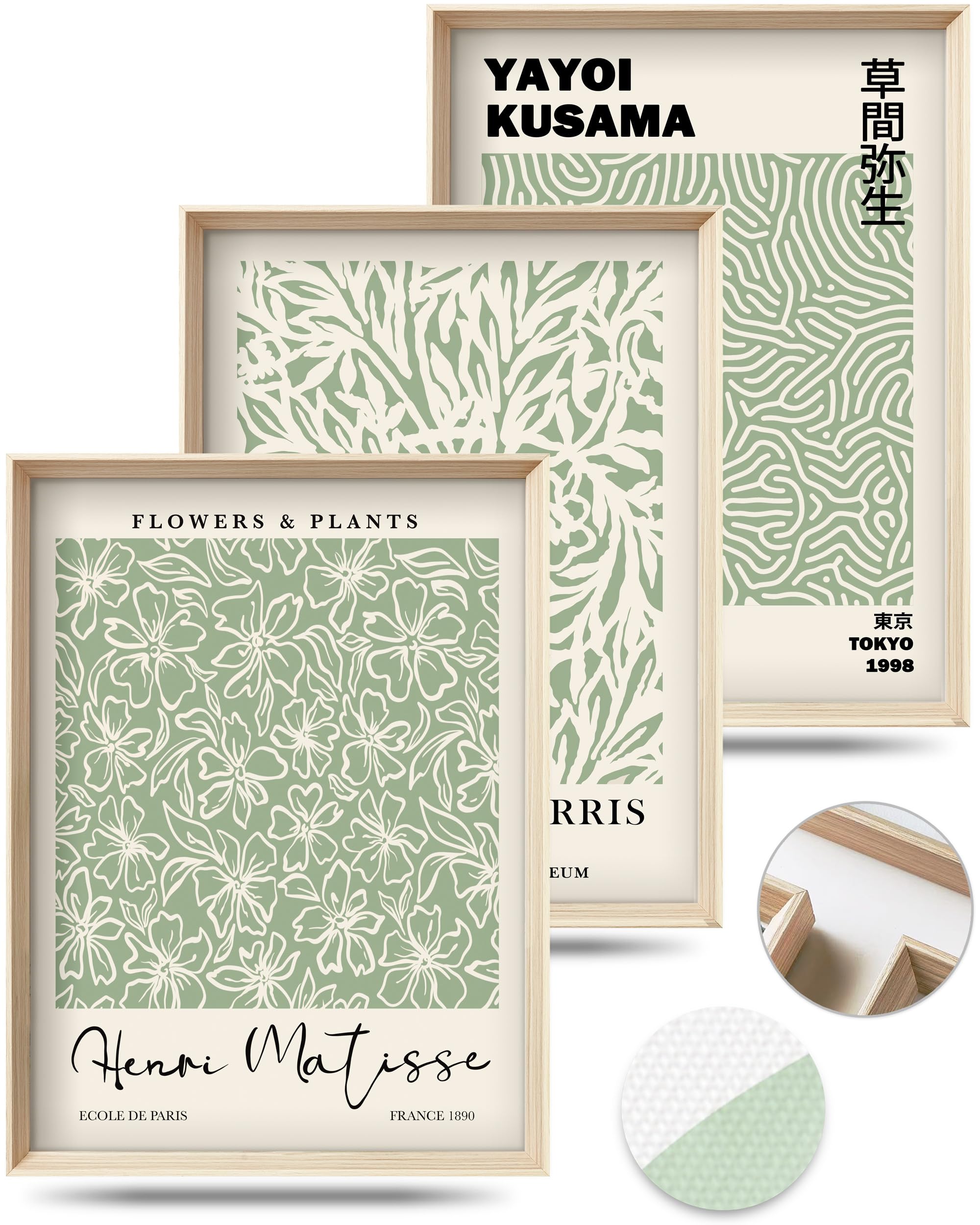 Hesendot Framed Matisse Sage Green Wall Art,William Morris Canvas Wall Decor,16X12In High Framed Wood Design Prints,Minimalist C