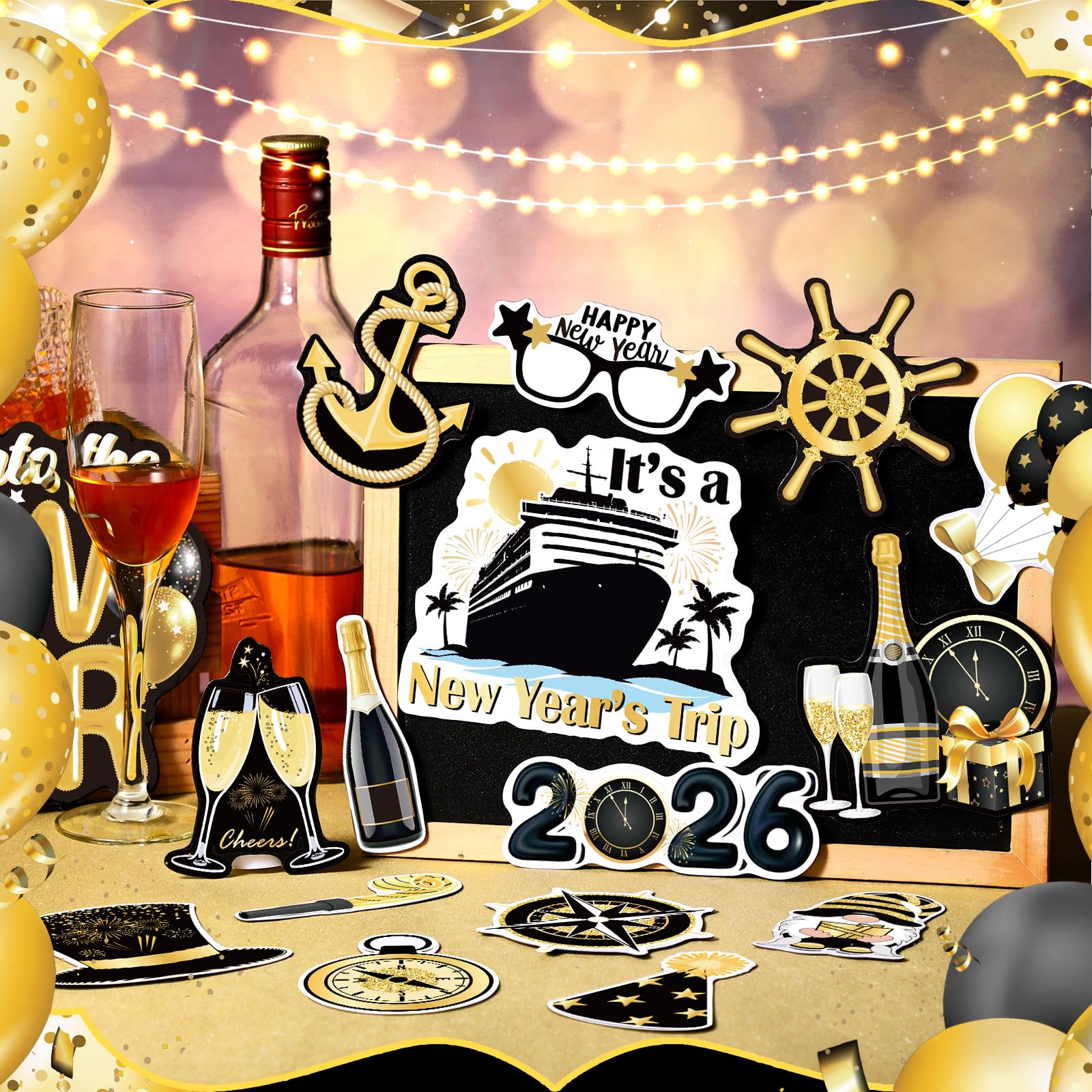 Xuhal 23 Pcs New Year Cruise Door Magnet Gold Black New Year Refrigerator Magnets Gnome Balloon Fridge Magnetic Stickers Garage