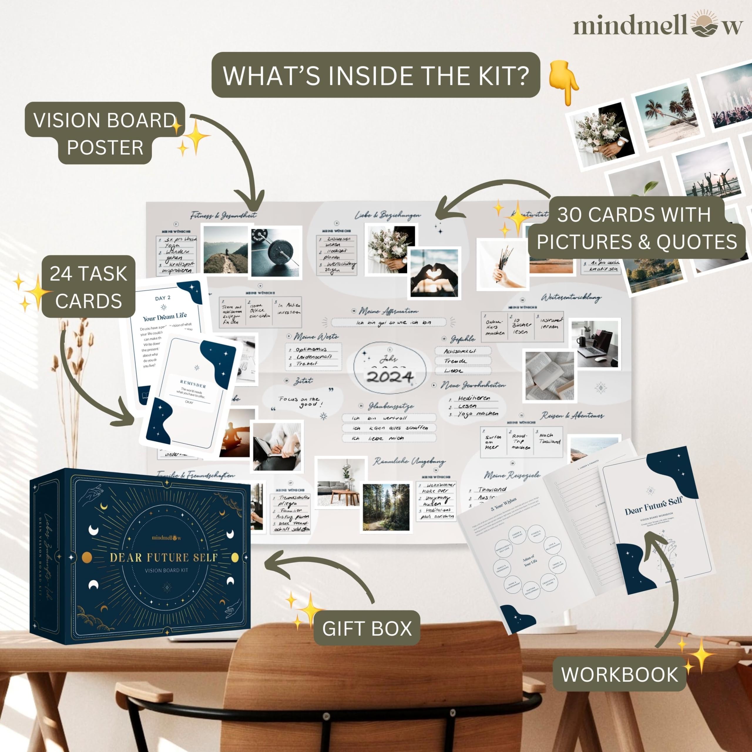 Mindmellow Vision Board Kit Dear Future Self    - Vision Board Supplies With Wall Poster, Pictures, Workbook, Inspirational Card