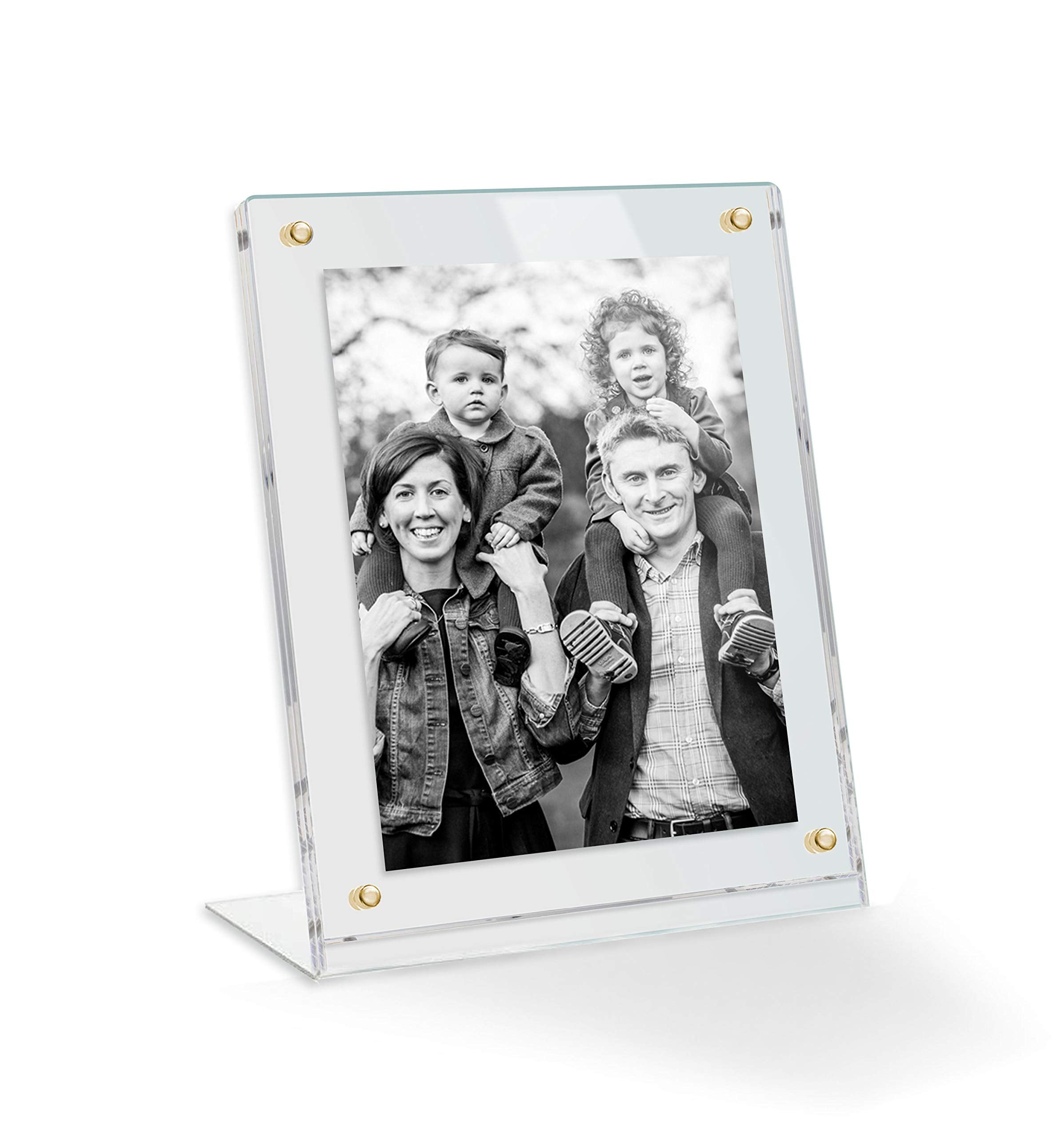 14x14 Acrylic Floating Picture Frame - Table Stand with Gold Magnetic Front Cover to Easily Change Photos - Made in The USA