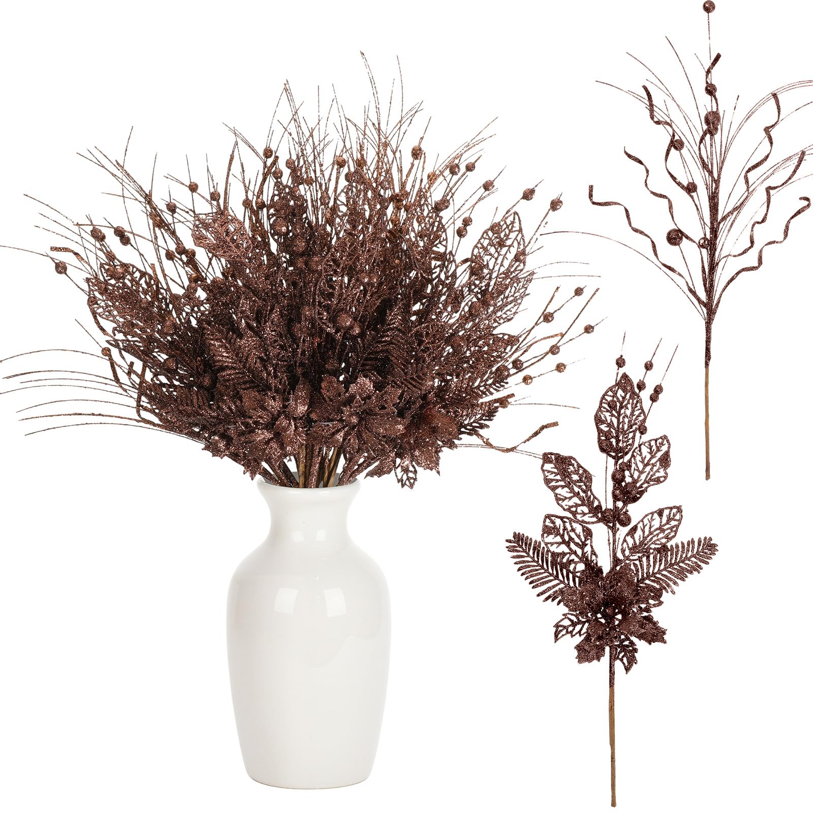 Yunlly 24 Pcsbrown Christmas Tree Picks and Sprays Glitter Berry Stem Branches Artificial Christmas Picks Twigs Xmas Tree Orname