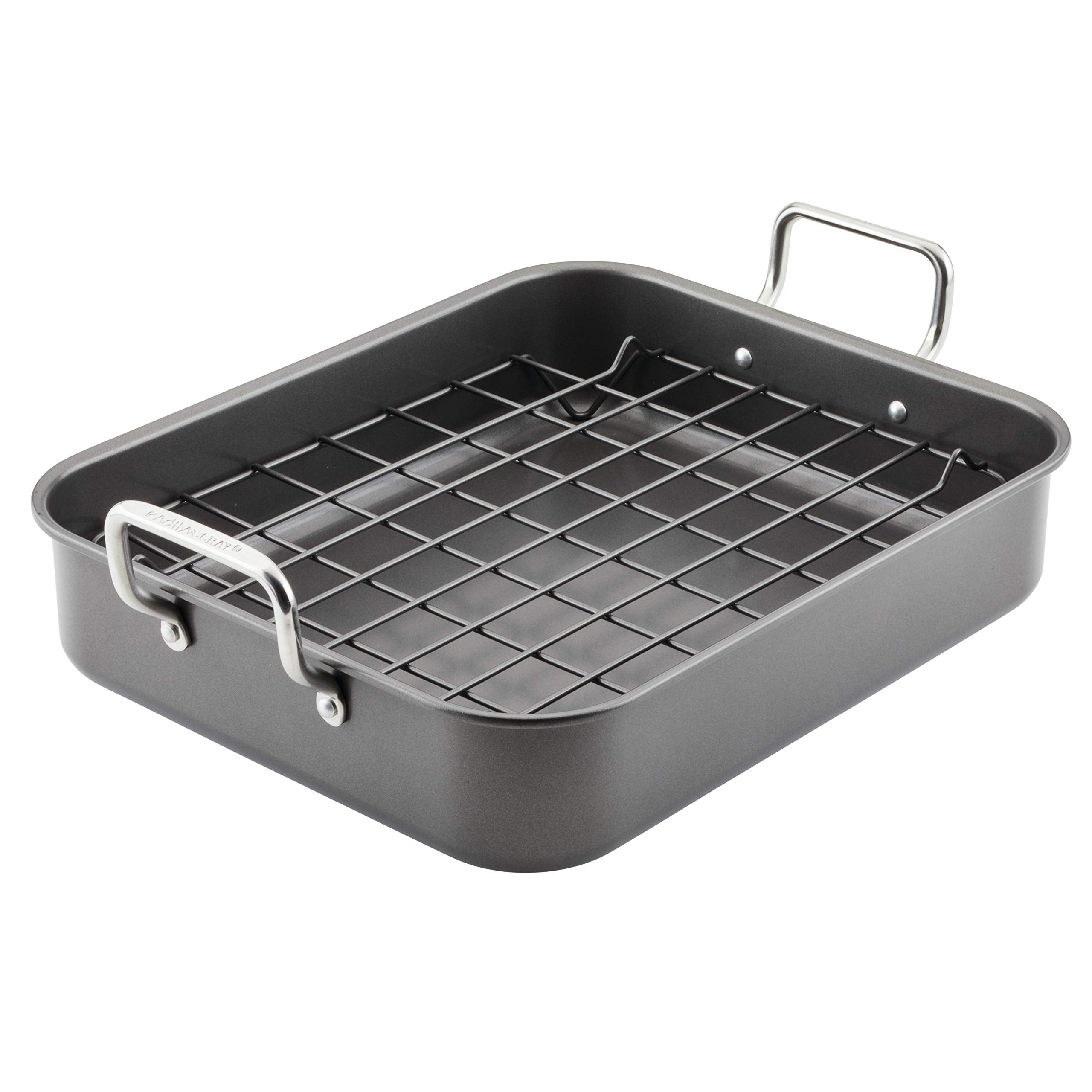 Rachael Ray Bakeware Nonstick Roaster/Roasting Pan With Reversible Rack, 16.5 Inch X 13.5 Inch, Gray