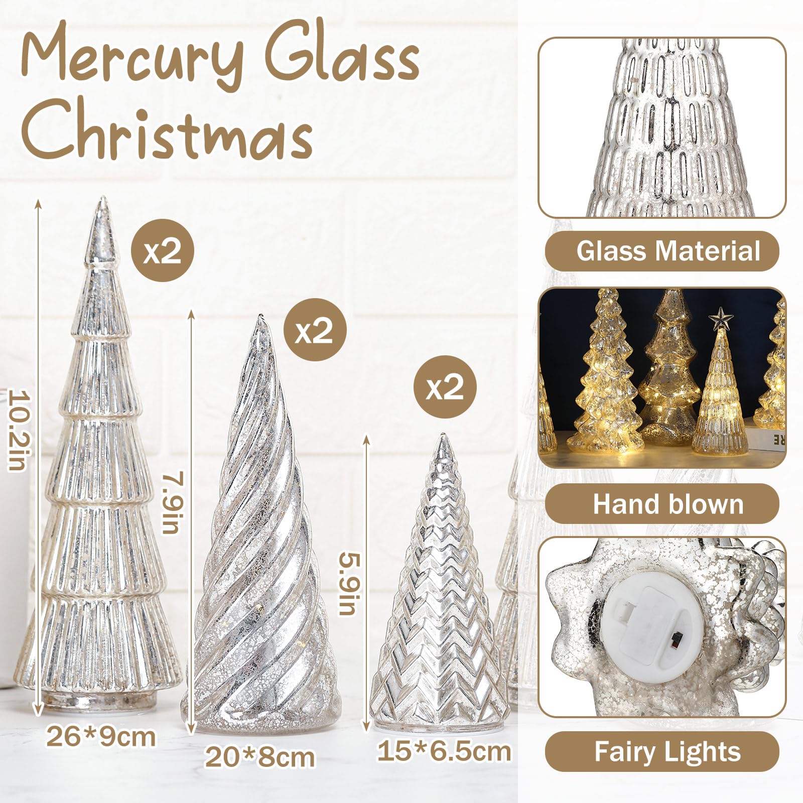 LOYIM 6 Pcs Mercury Glass Christmas Tree Silver Plate Glass Figurines with LED Fairy Lights 11 in Tall Silver Finish Light up Ch