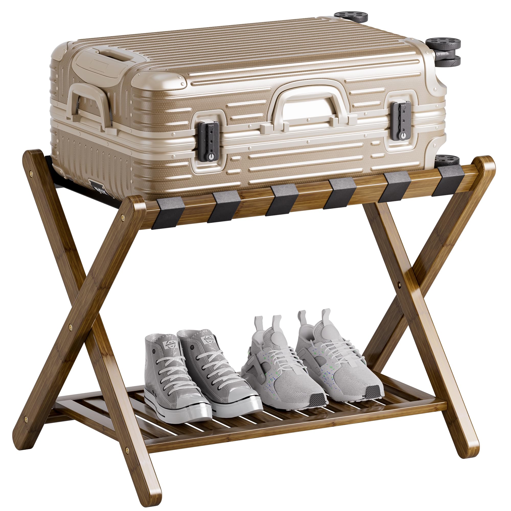 Smibuy Luggage Rack, Foldable Bamboo Suitcase Stand With Storage Shelf For Guest Room, Bedroom, Hotel, Heavy-Duty, 1 Pack (Walnu