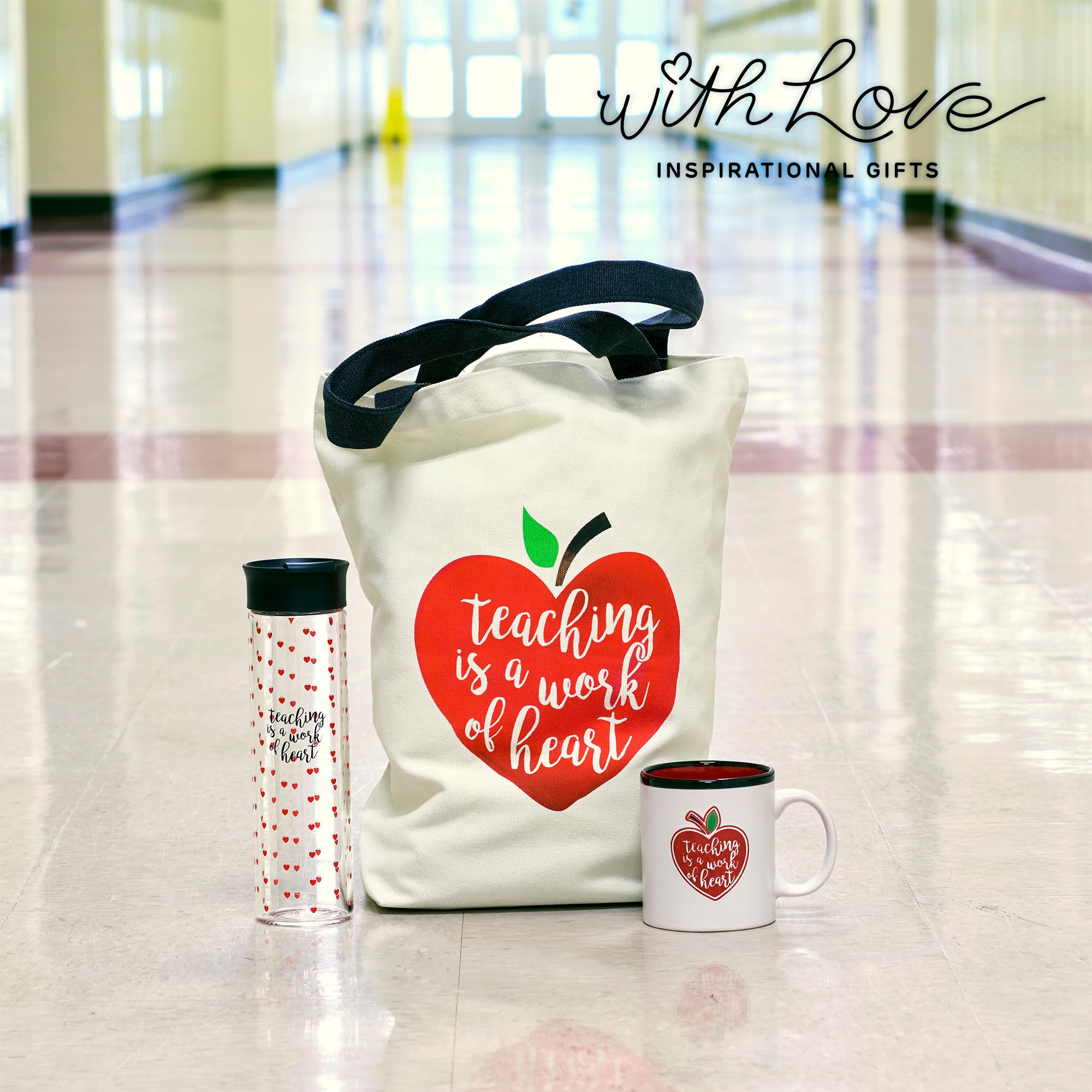 Teaching is a Work of Heart Coffee Mug  w/Red Heart Apple  Teacher Appreciation End of Year Gift  13 oz White Ceramic Microwave Dishwasher Safe