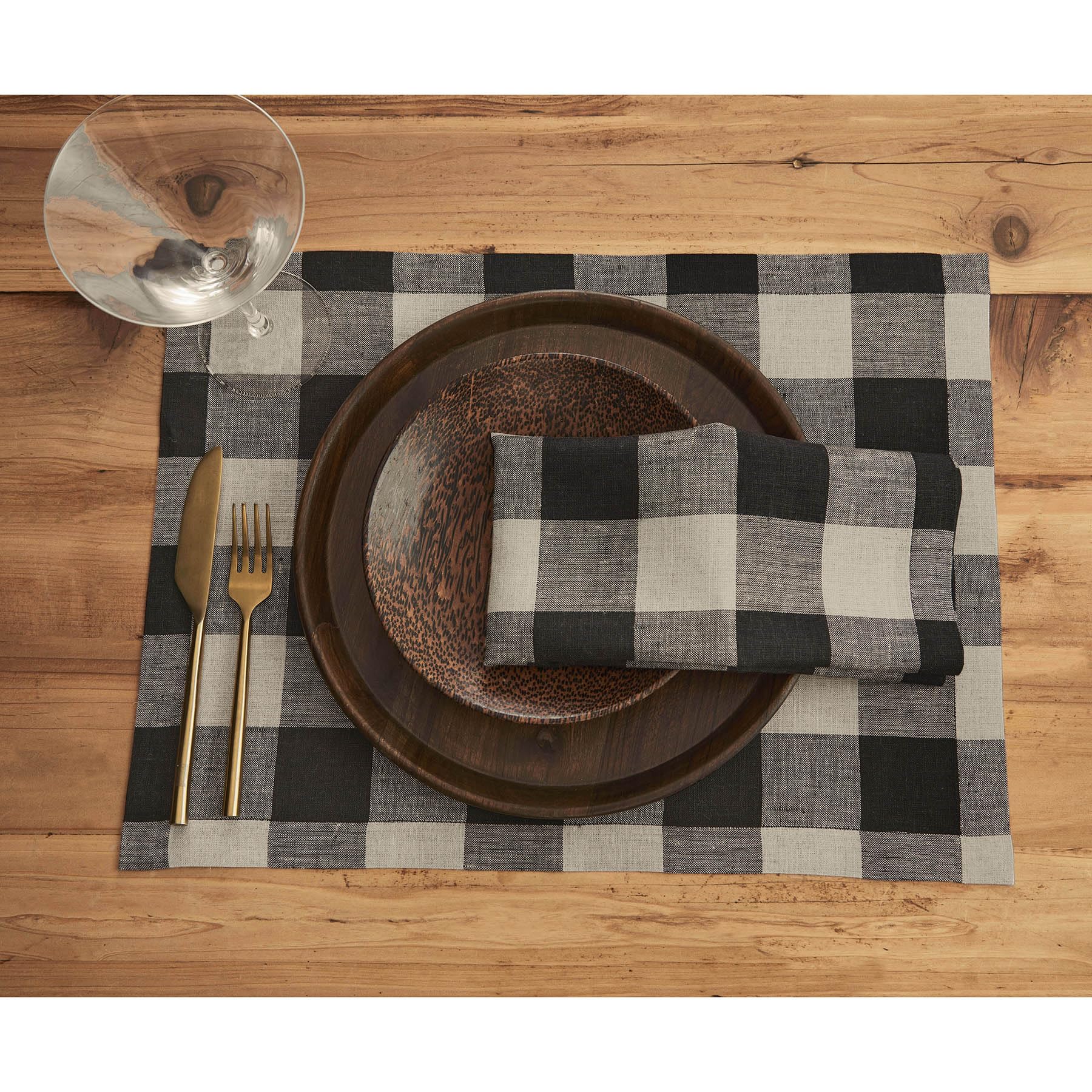 Solino Home Buffalo Check Linen Placemats 19'' L X 14'' W Inch - 100% Pure Linen Natural And Black Plaid Cloth Placemats Set Of