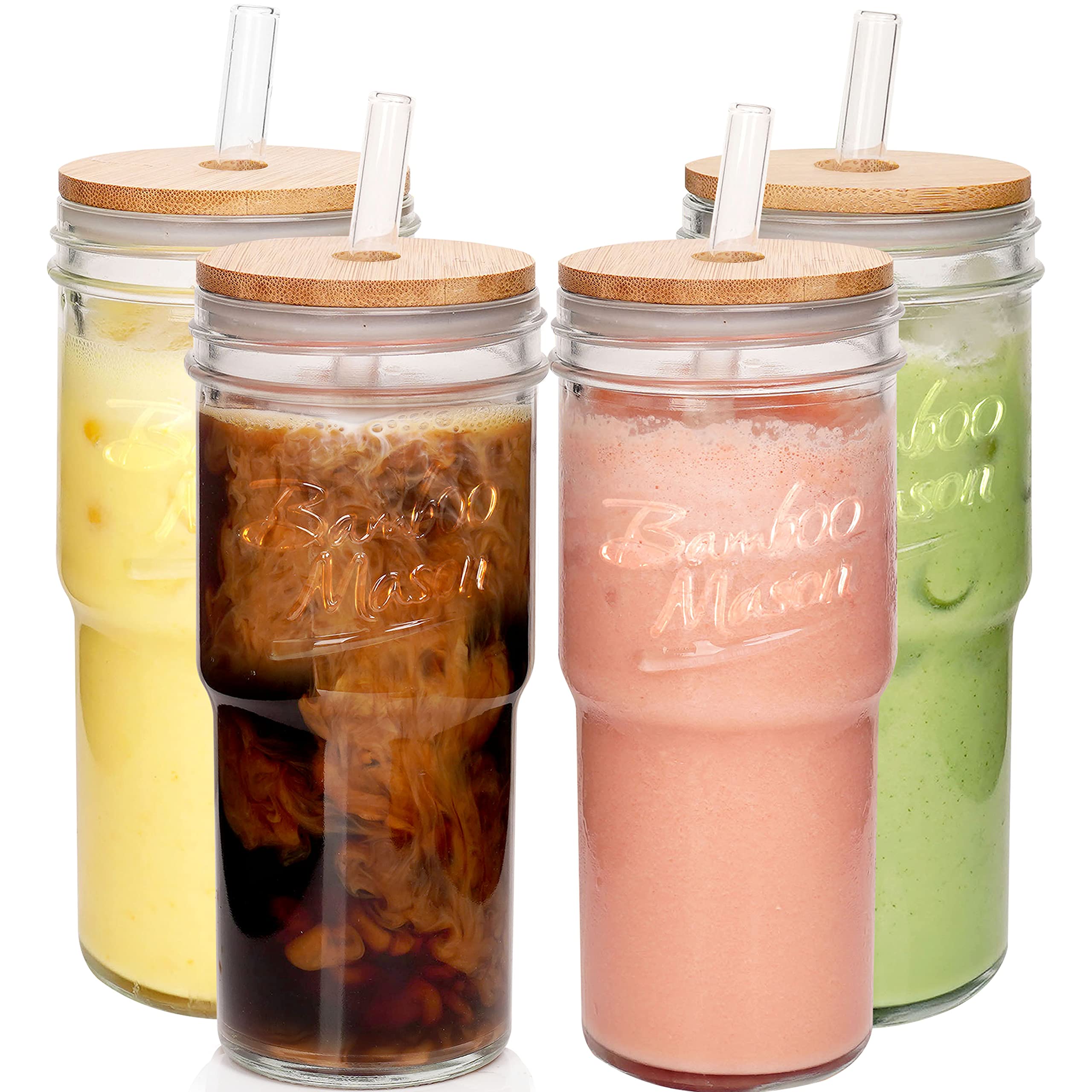 Anotion Glass Cups With Lids And Straws 4 Packs, 24Oz Travel Coffee Mug Wide Mouth Mason Jar Iced Coffee Cup Smoothie Cup Glass