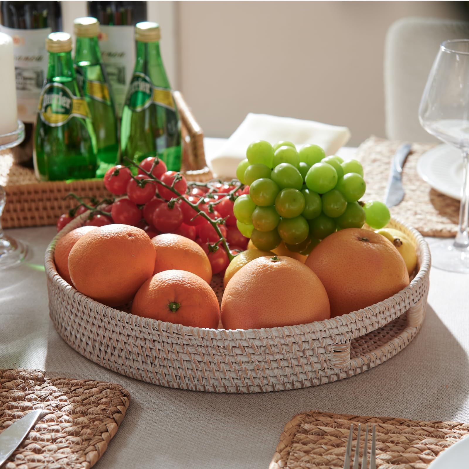 14.2 Inch Round Rattan Tray, Ottoman Tray, Woven Serving Tray With Cut - Out Handles, Wicker Serving Basket, Whitewash