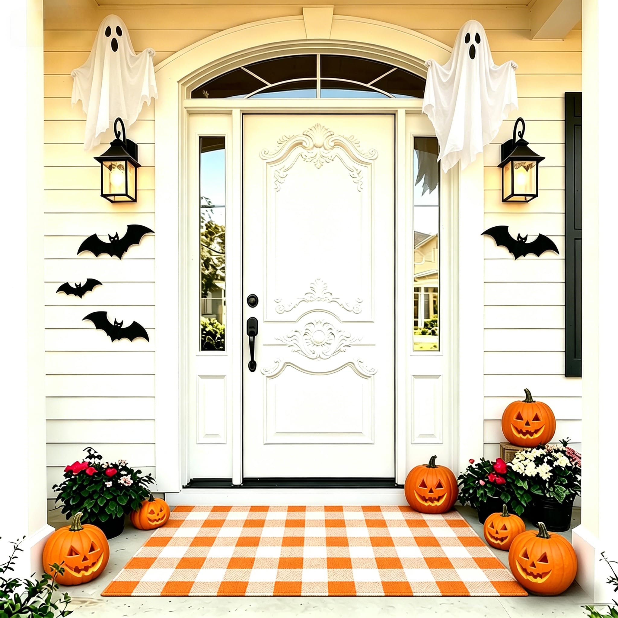 SEEKSEE Buffalo Plaid Outdoor Rug 3 x 5 Orange and White Front Door Mat, Layering Rug for Porch, Halloween Doormat, Front Porc