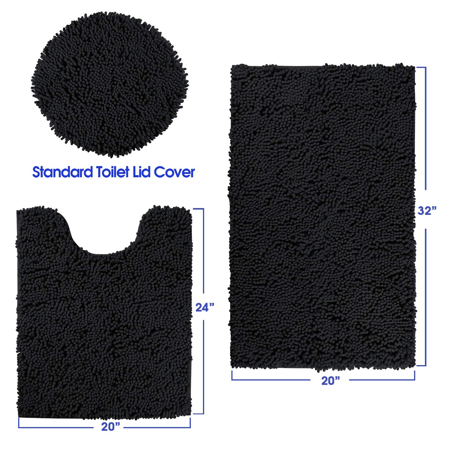 Homeideas 3 Pieces Black Bathroom Rugs Set, Ultra Soft Non Slip Bath Rug And Absorbent Chenille Bath Mat, Includes U-Shaped Cont