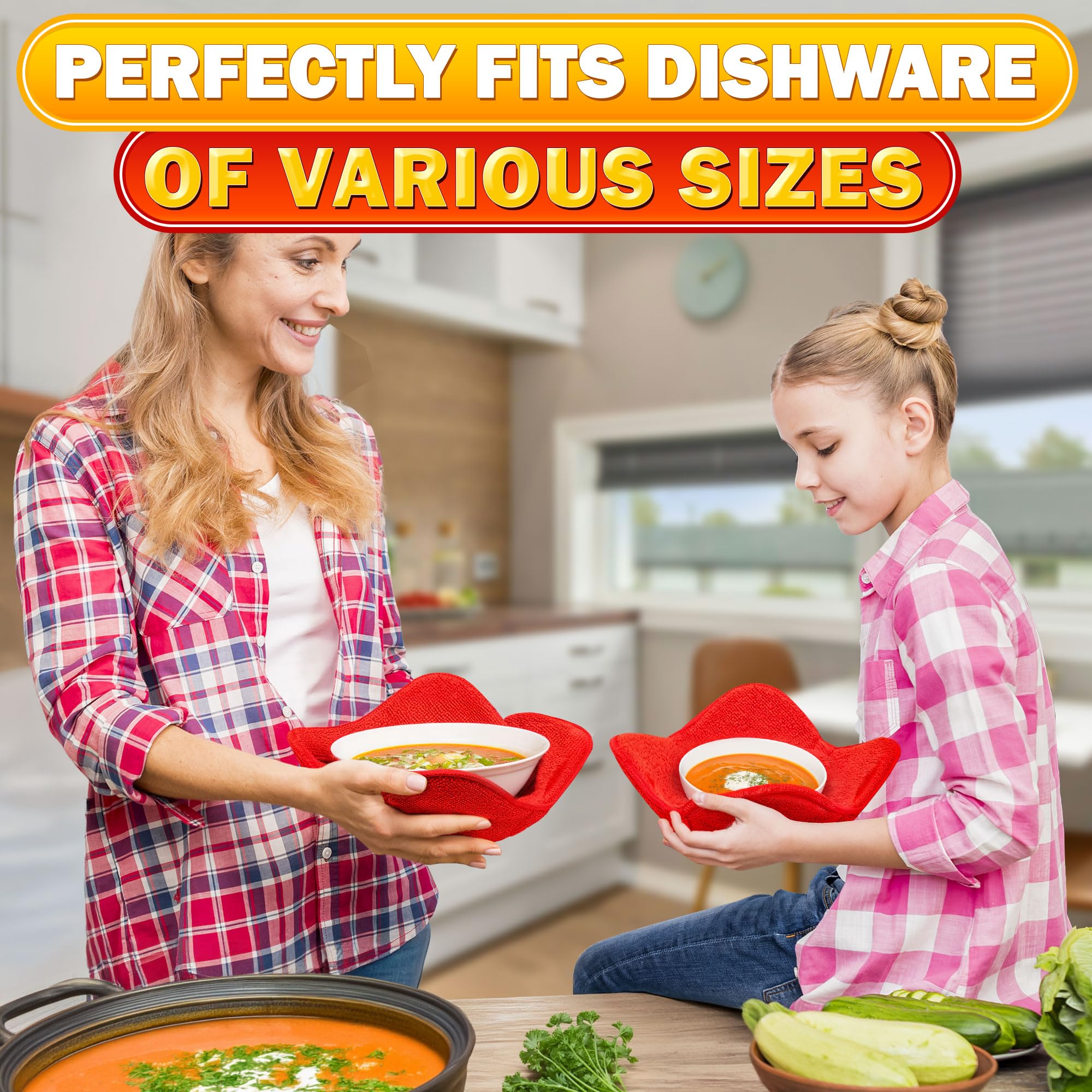 LIBERHAUS Microwave Bowl Holder Set - 2 Pcs Red Cozy, Durable Heat-Resistant Microfiber, 7.5"×7.5" for Hot Dishes