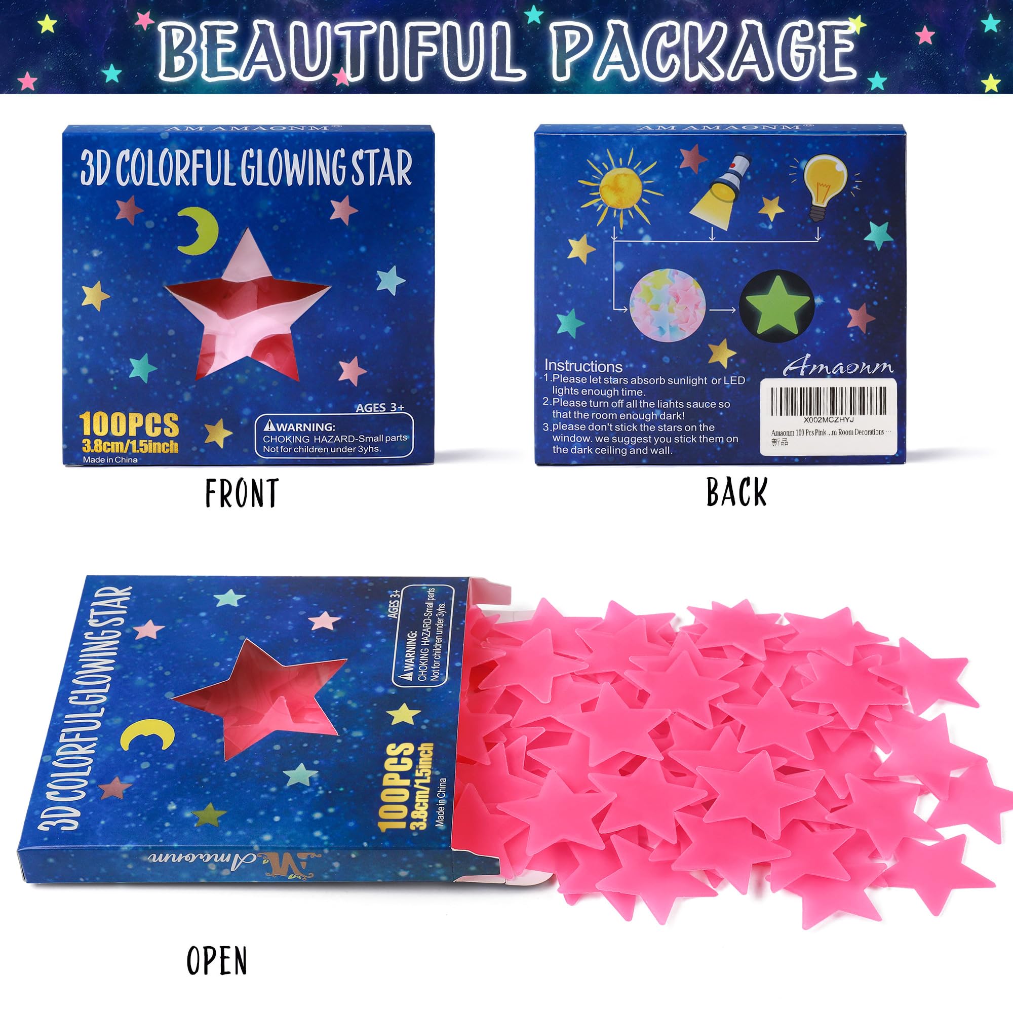 AM AMAONM 100 Pcs Pink Glow in The Dark Luminous Stars Fluorescent Noctilucent Plastic Wall Stickers Murals Decals for Home Art Decor Ceiling Wall Decorate Kids Babys Bedroom Room Decorations