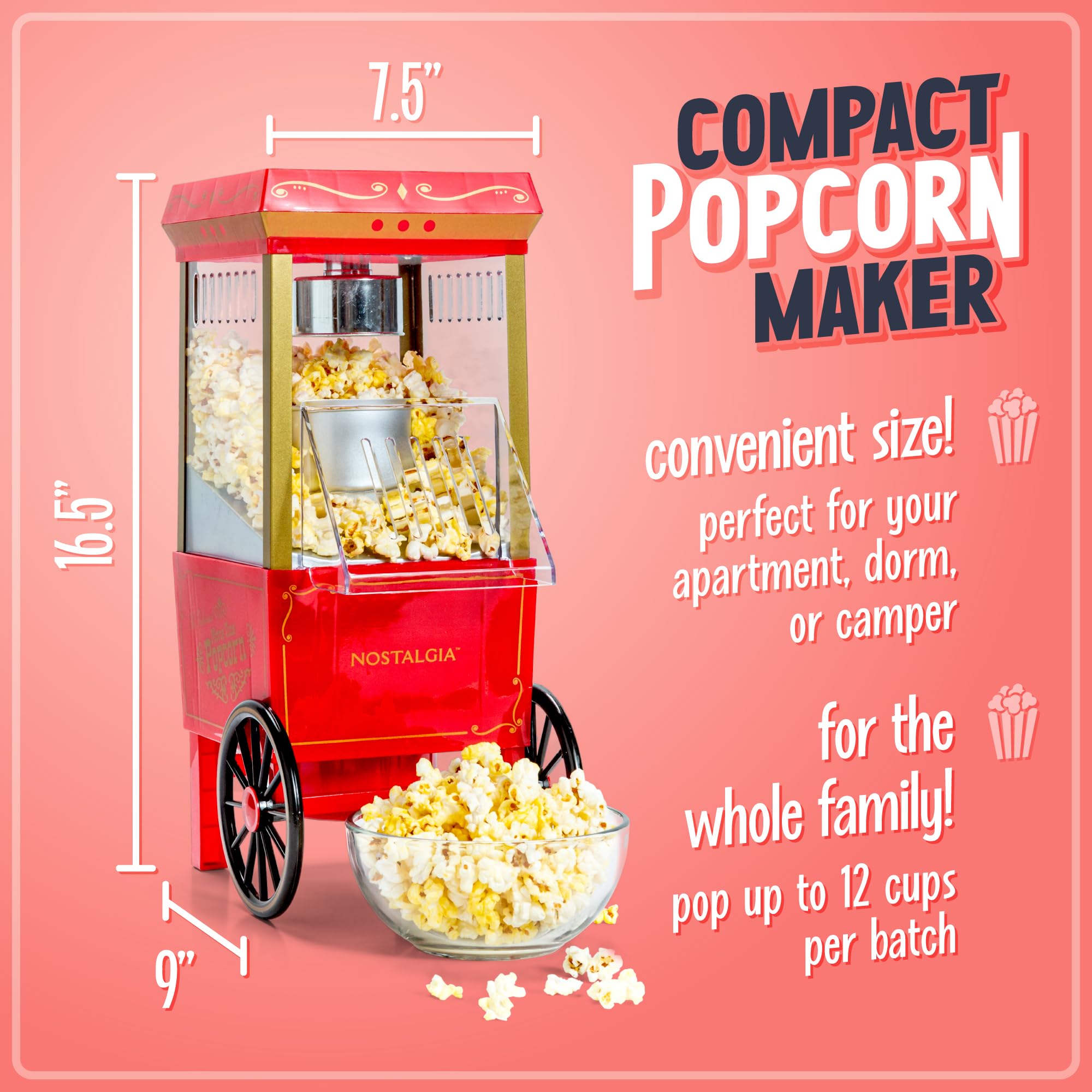 Nostalgia Old-Fashioned Hot Air Popcorn Paker, 12 Cup Vintage Tabletop Popcorn Machine With Measuring Cap For Home, Parties, Mov