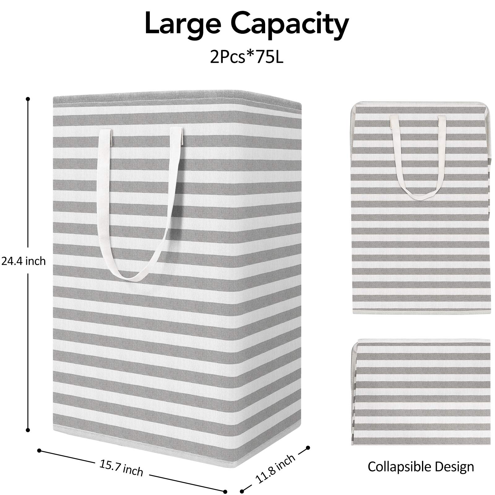 WISELIFE 2-Pack Laundry Hamper 75L Collapsible Large Laundry Baskets with Easy Carry Handles Freestanding Waterproof Clothes Hamper Storage Basket for Toys Clothes Organizer - 24.4'' (H)  Grey