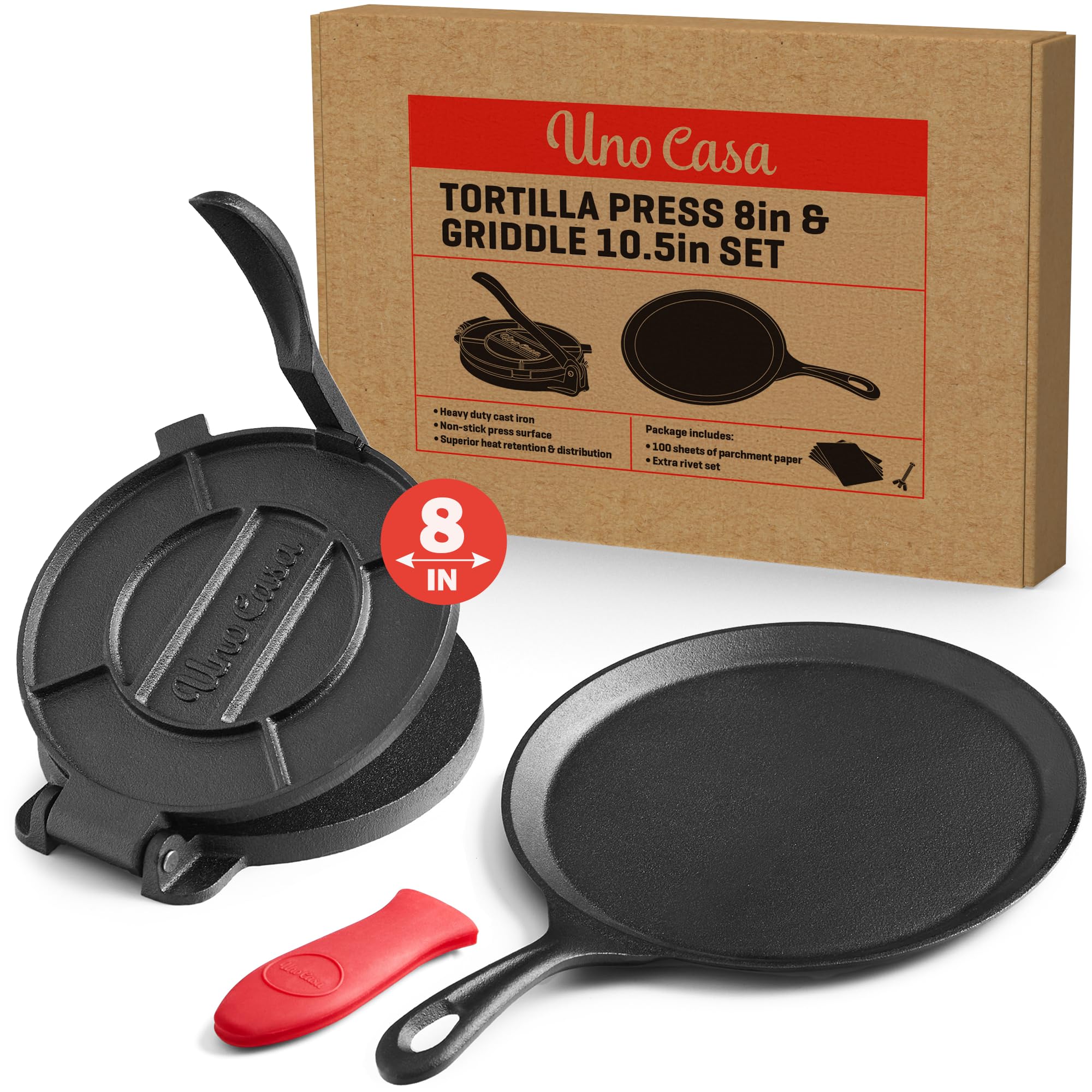 Uno Casa Cast Iron Tortilla Press 8 Inch With Cast Iron Comal Pan - Bundle Of Cast Iron Tortilla Skillet For Roti, Tawa, Dosa, A