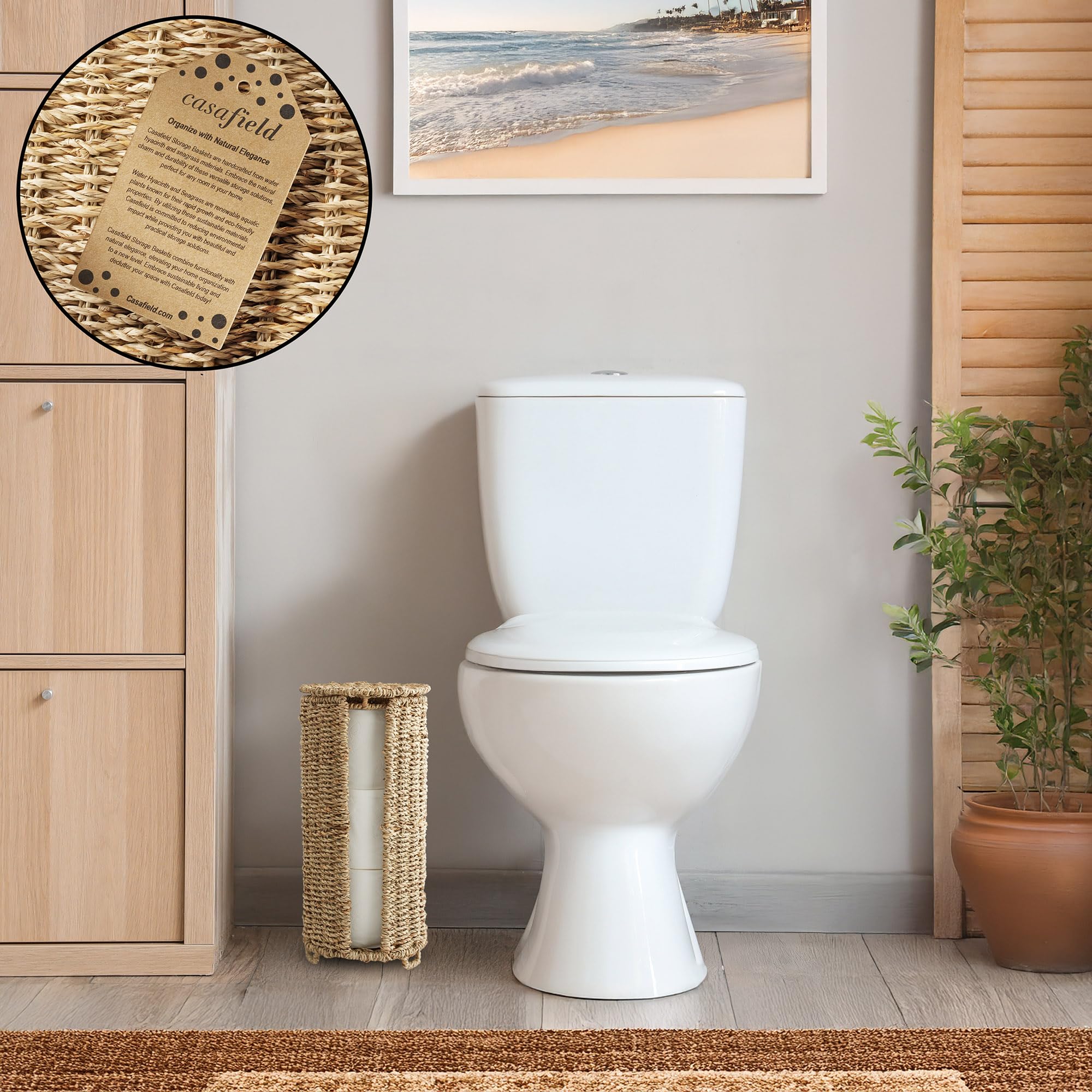 Casafield Free Standing Toilet Paper Storage Roll Holder with Lid - Natural, Fits 3 Rolls, Seagrass Bath Tissue Organizer for Ba