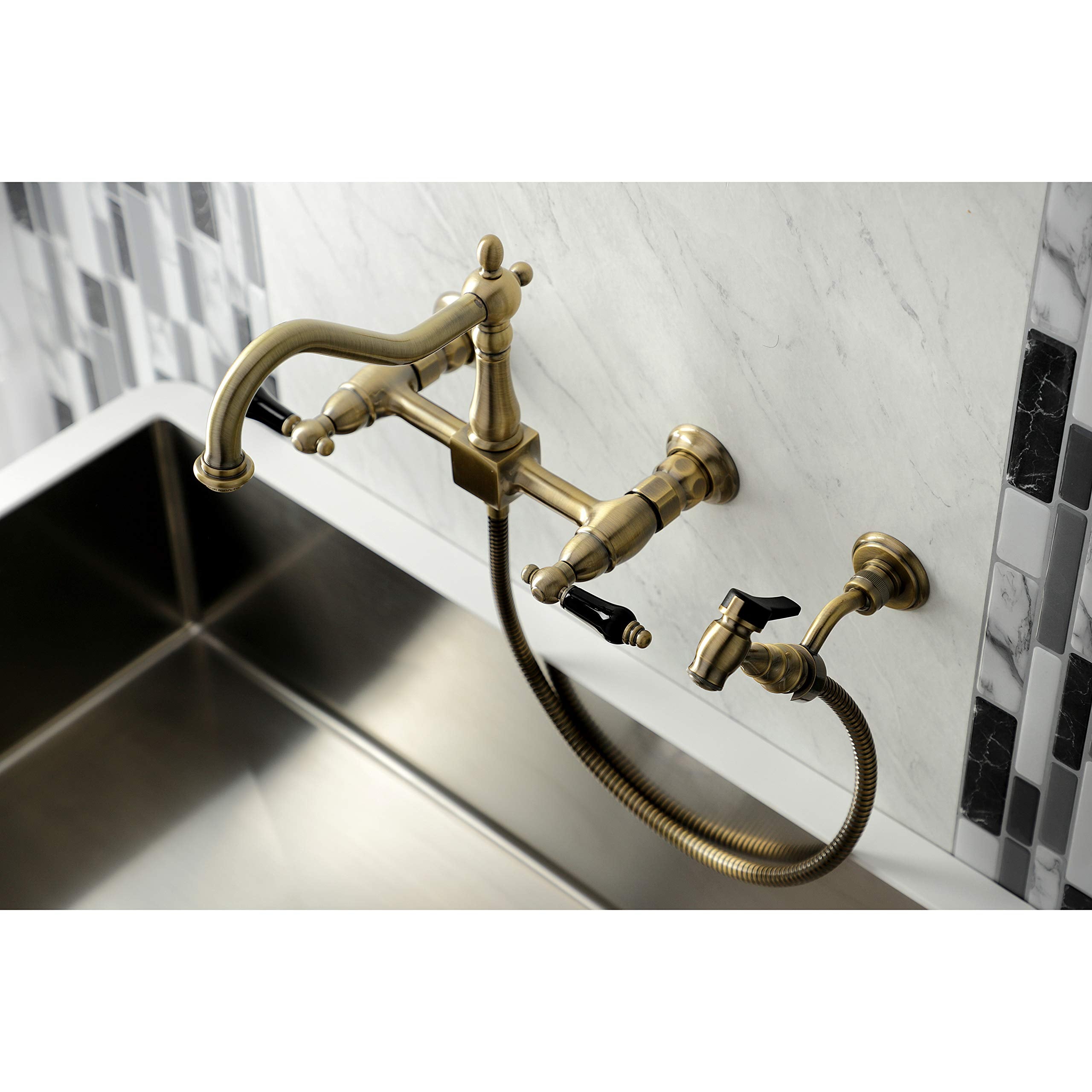 Kingston Brass KS1243PKLBS Duchess Two-Handle Wall Mount Bridge Kitchen Faucet with Brass Sprayer  Vintage Brass