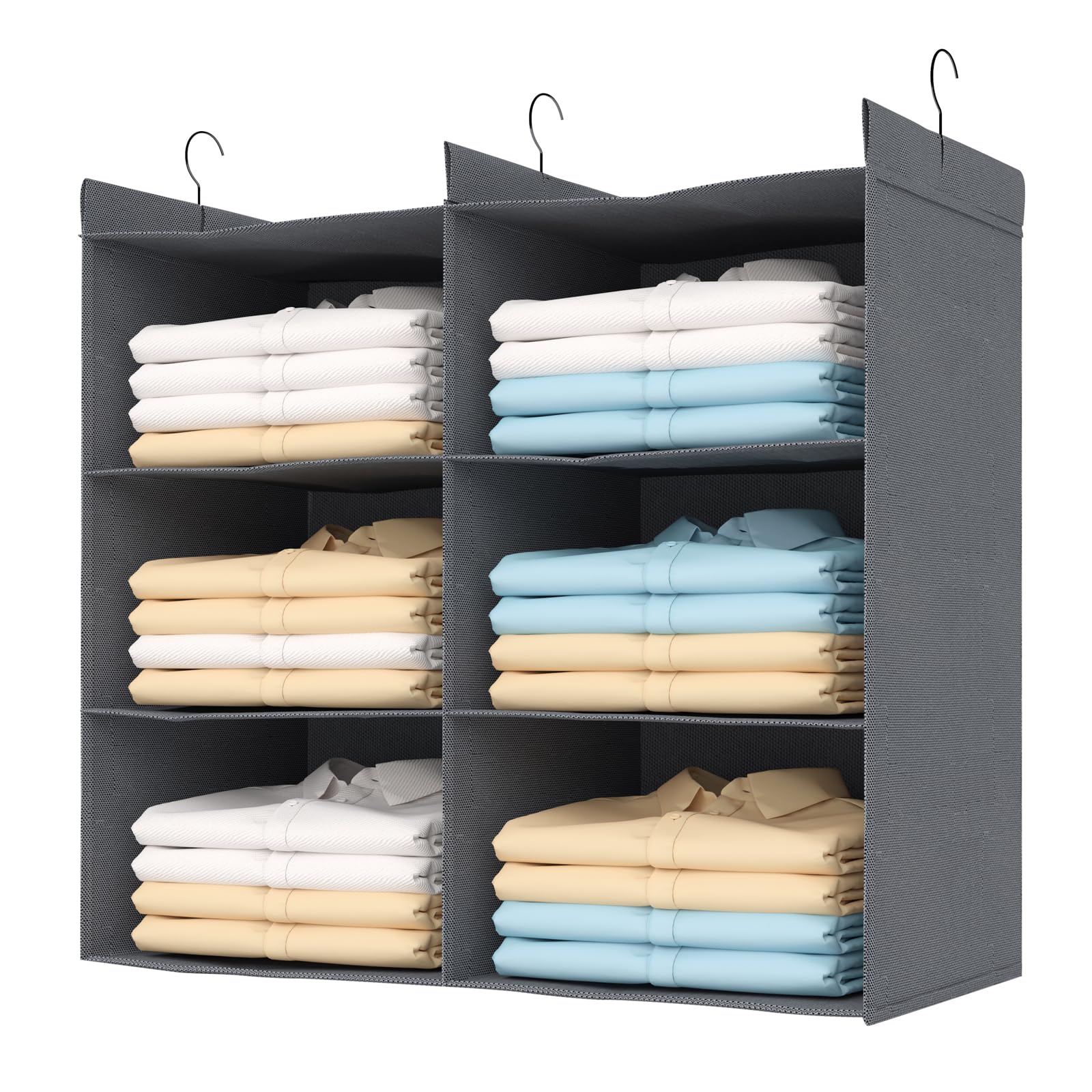 Alltidyup Dual-Row 3 Tier Shelf Hanging Closet Organizers And Storage, 6 Pockets Clothes Storage Shelves With 3 Sturdy Hooks For