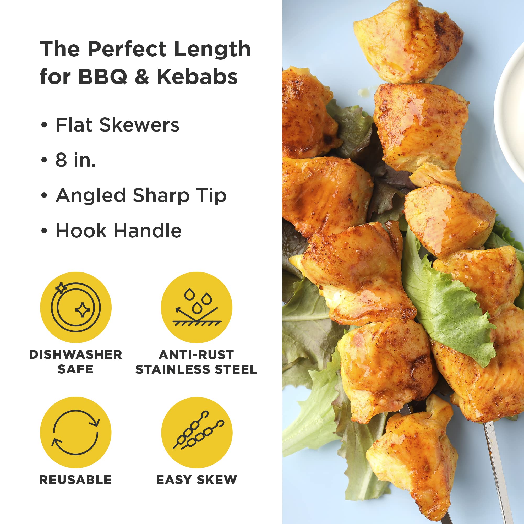 Flat Metal Kabob Skewers For Grilling - 8'' Bbq Skewers Stainless Steel With Storage Bag - Set Of 8 Dishwasher Safe Flat Metal S