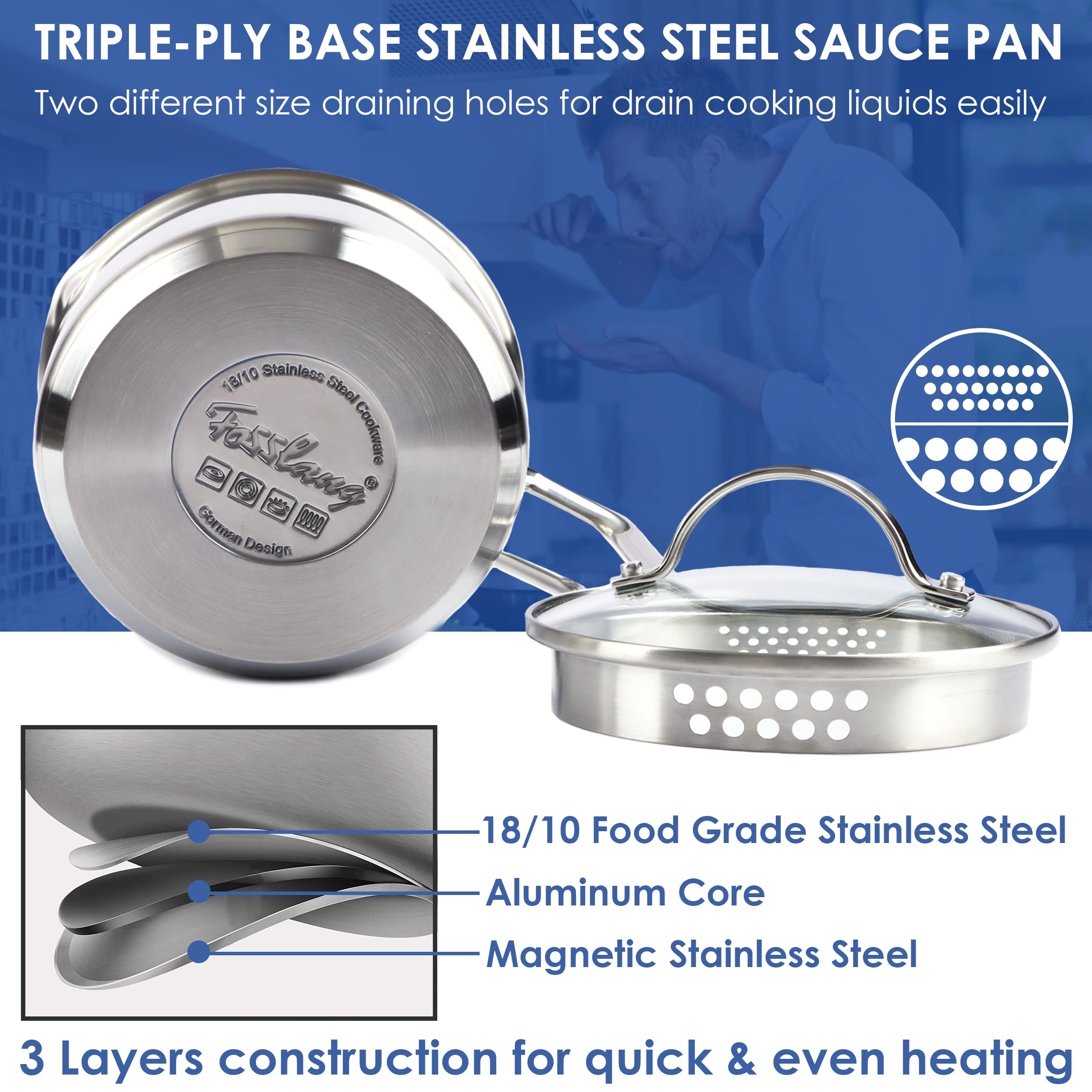 KAYCROWN 1.5 Quart Stainless Steel Saucepan with Glass Lid, Straining Cover & Pour Spouts - Silver, Model KAYC0517-SP015