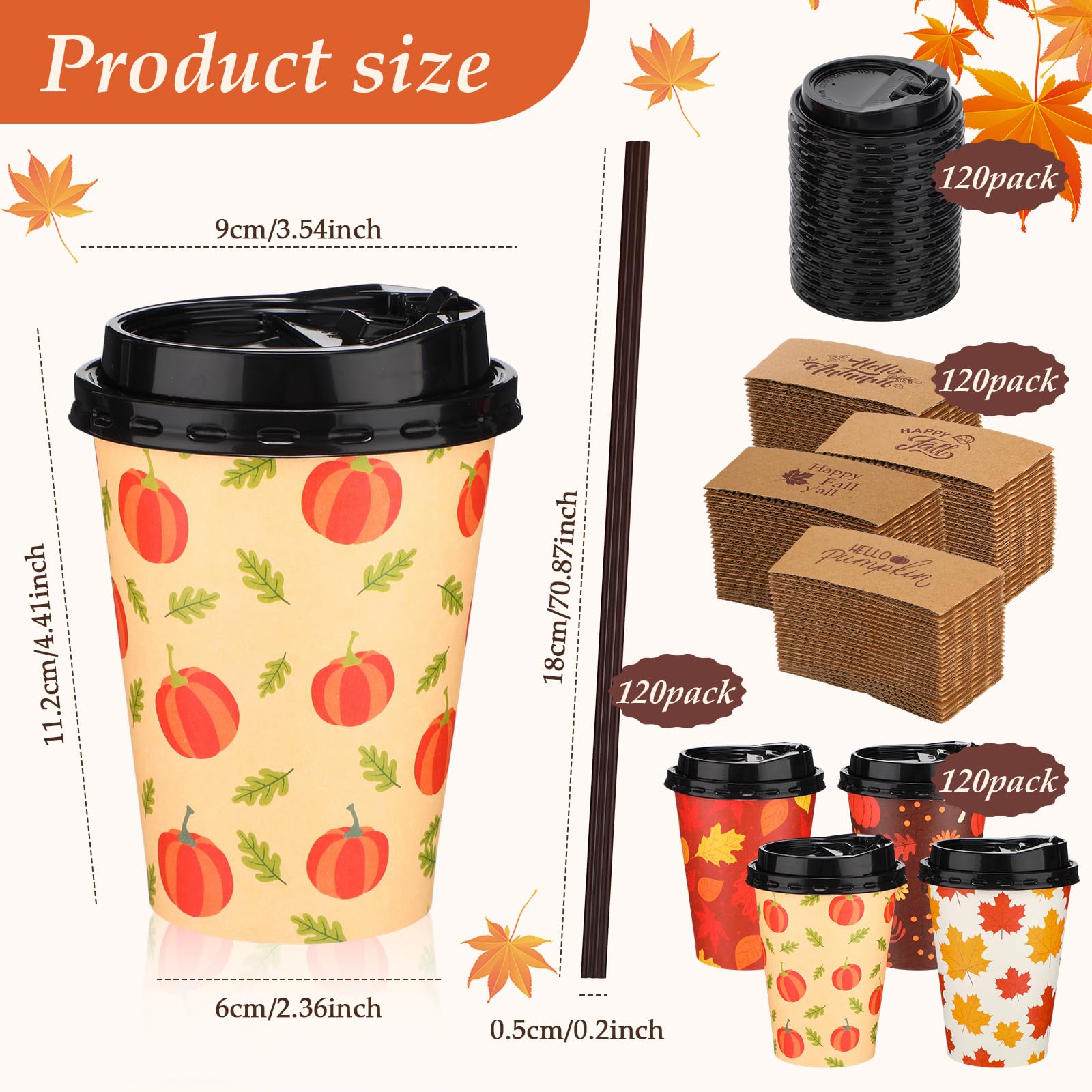 Jingmore 120 Pack 12 oz Fall Disposable Coffee Cups with Lids Sleeves Sticks Autumn Pumpkin Orange Fall Paper Coffee Cups for Dr