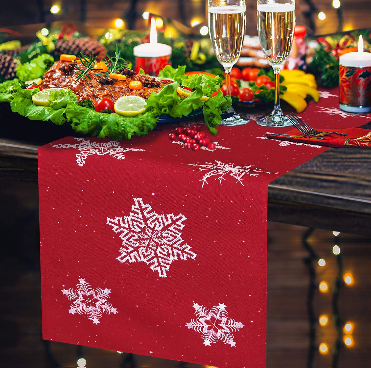 Simhomsen Small Short Embroidered Snowflakes Table Runner for Christmas Holidays (Red  14 ? 33 Inches)