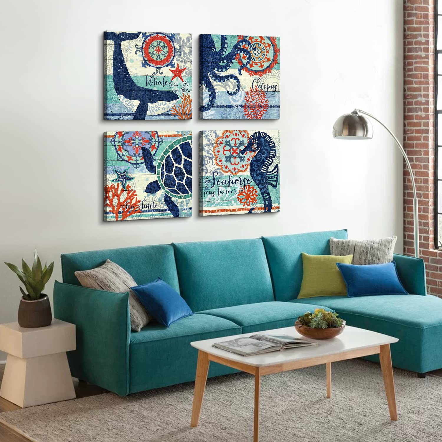 4 Panel Teal Blue Home Wall Art Decor Framed Artwork For Bathroom Living Room Canvas Print Beach Coastal Sea Turtle Octopus Seah