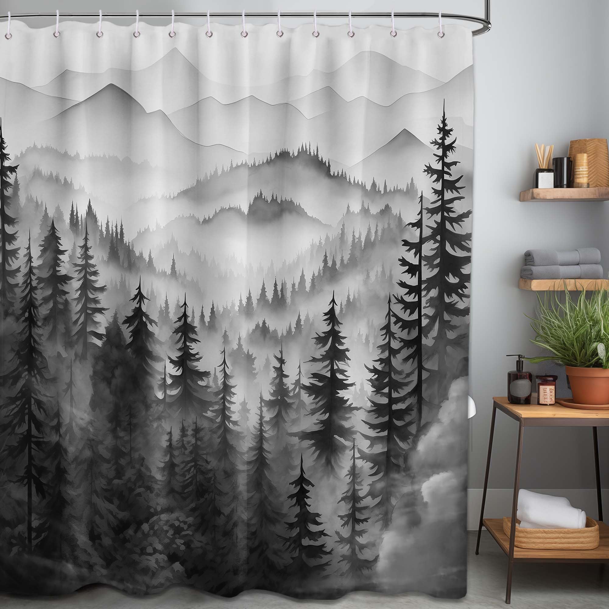 Qghot Mountain Shower Curtain Forest, Black And White Nature Shower Curtains For Mens Bathroom Decor Grey Rustic Woodland Pine T