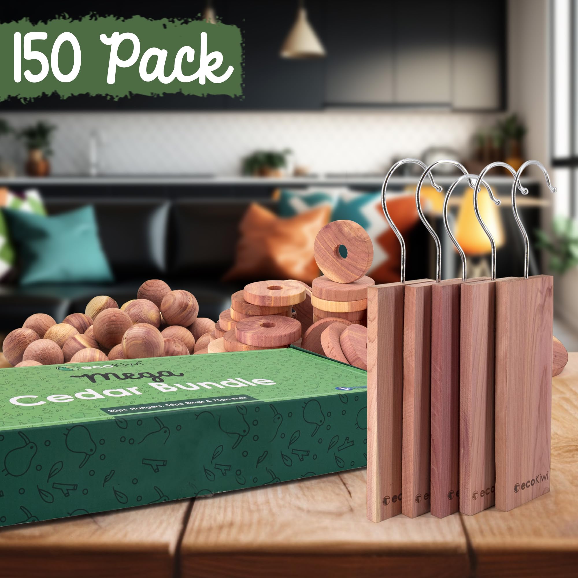 Ecokiwi Cedar Blocks For Clothes Storage Mega Bundle Box - Cedar Hangers X20, Balls X75 & Rings X55-100% Natural Oil Planks & Ch