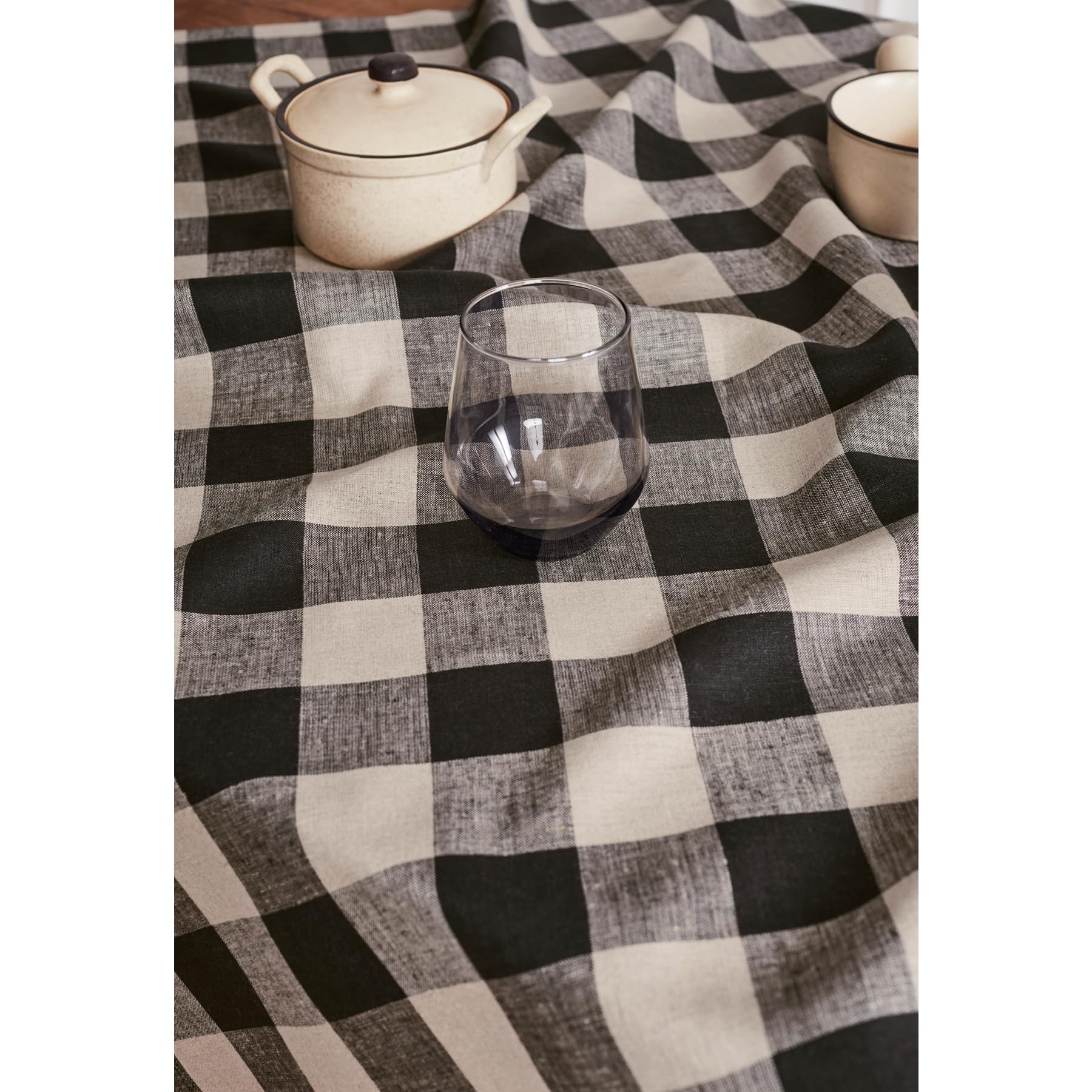 Solino Home Buffalo Check Linen Square Tablecloth 52 X 52 Inch - 100% Pure Linen Natural And Black Plaid Table Throw - Machine W