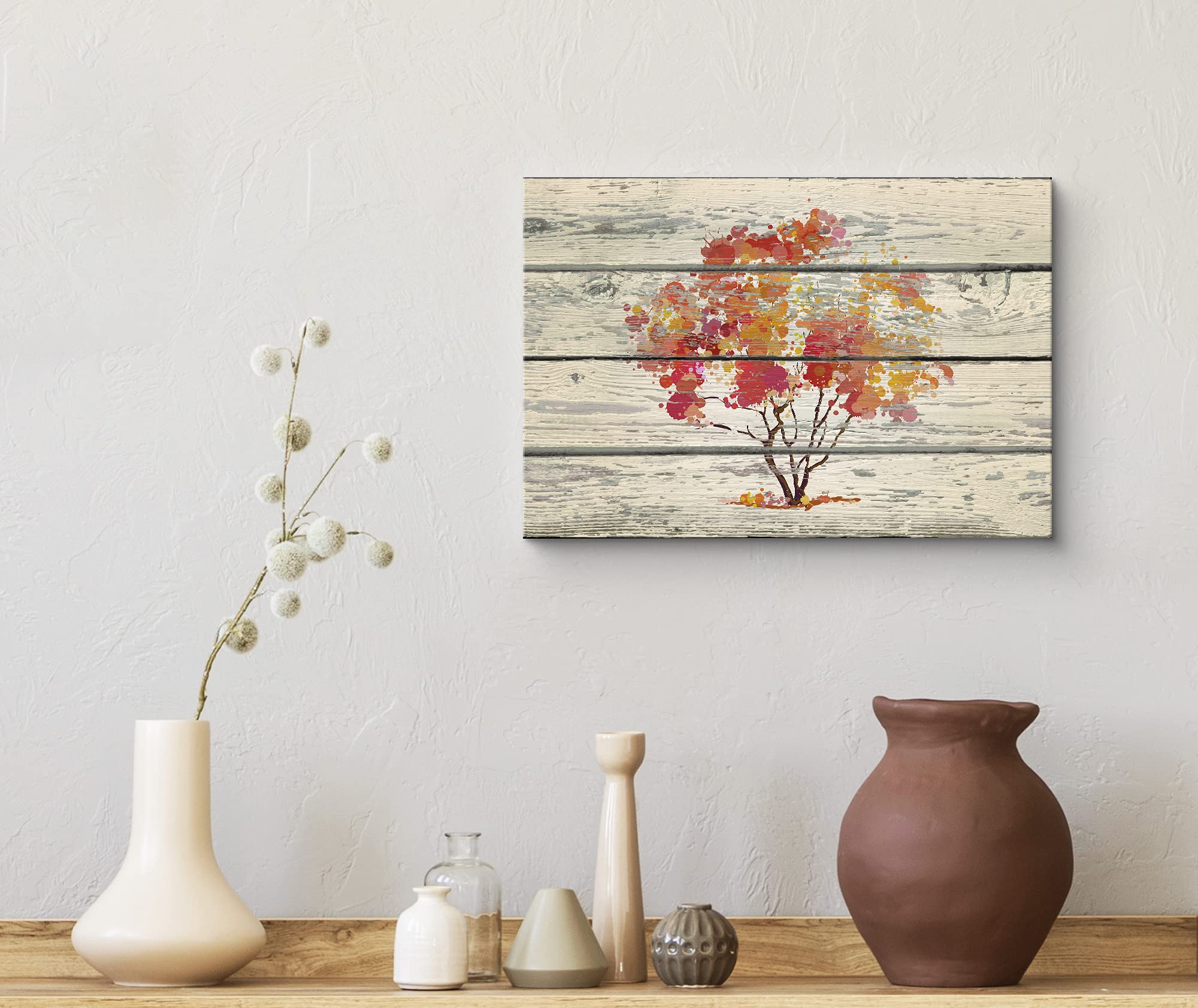 Wall26 Canvas Print Wall Art Vintage Red & Orange Tree On Wood Panels Floral Plants Illustrations Modern Art Rustic Scenic Relax