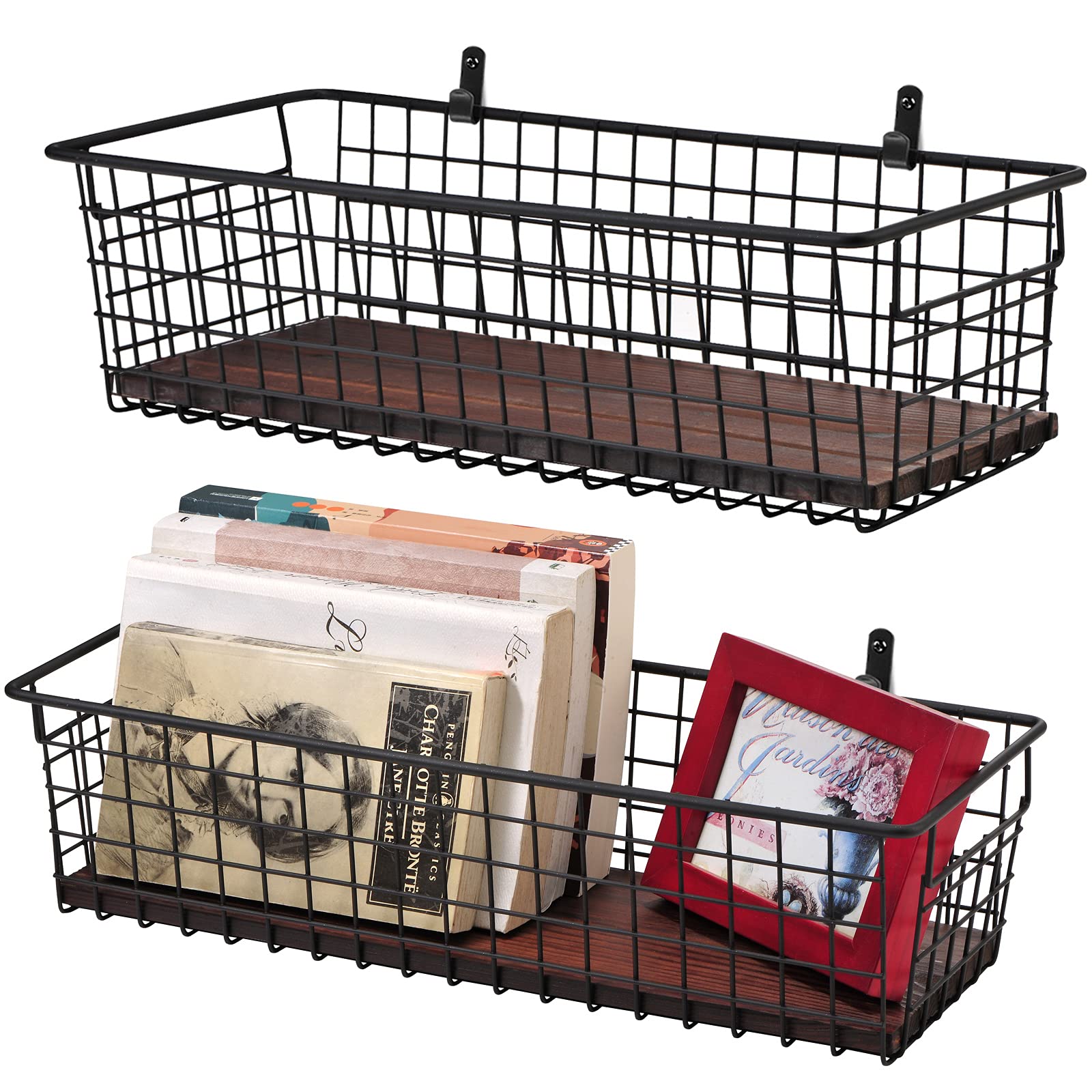 Sheechung 2 Set [Extra Large] Portable Metal Farmhouse Wall Decor Storage Organizer Basket Bin With Handles & Floating Shelves F
