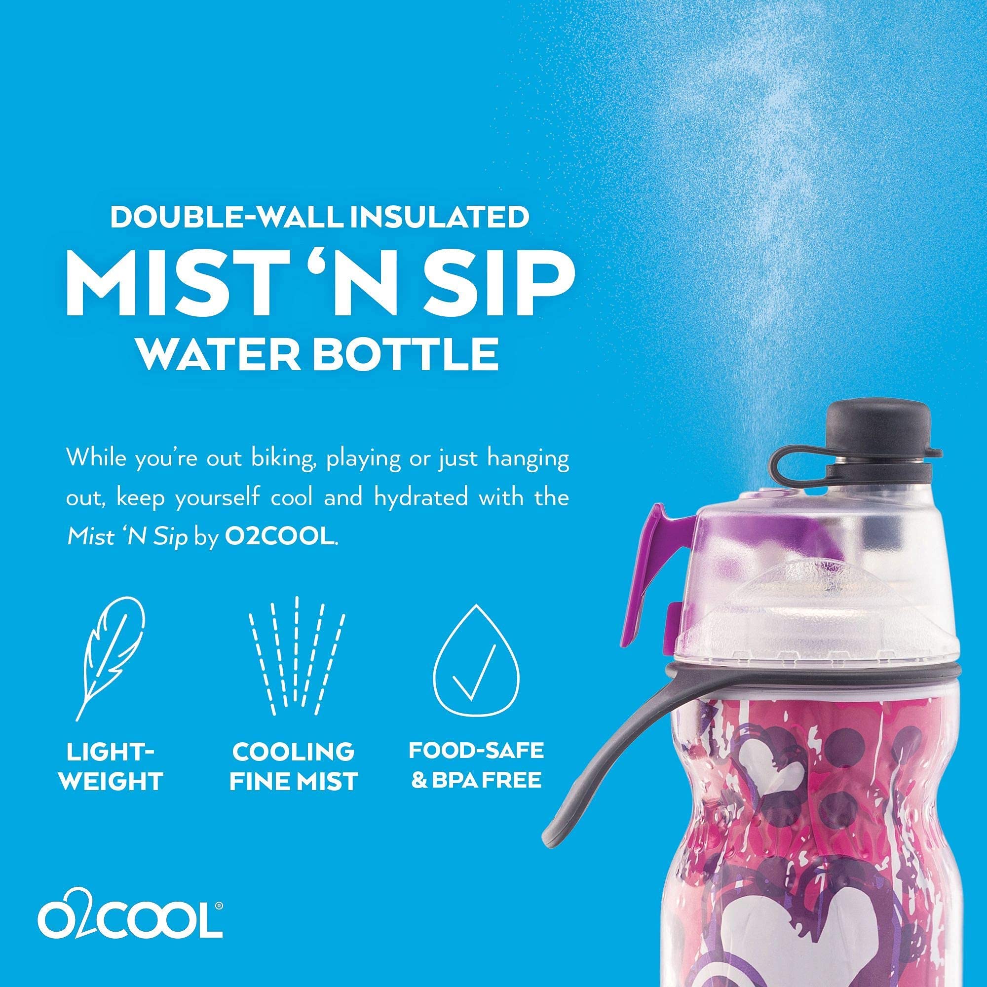 O2COOL Mist 'N Sip Misting Water Bottle 2-in-1 Mist And Sip Function With No Leak Pull Top Spout (Hearts)