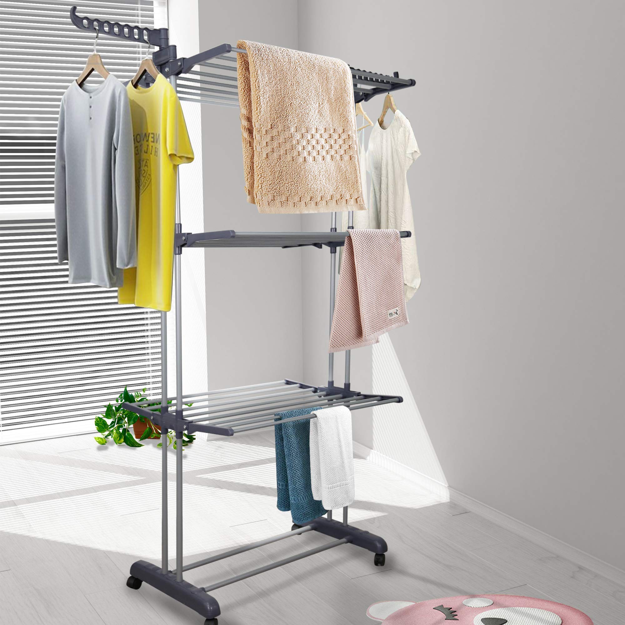 YOUUD Clothes Drying Rack 3-Tiers with Retractable Trays  Collapsible Shelves  Rolling and Base with Casters  Stainless Laundry Dryer Indoor or Outdoor Standing Rack