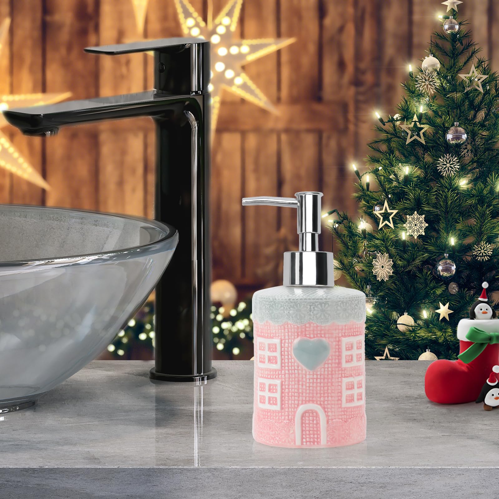 Soap Dispenser, 12.35Oz Ceramic Soap Dispenser With Silver Pump, Decorative Pink House Design Liquid Dish Soap Dispenser For Bat