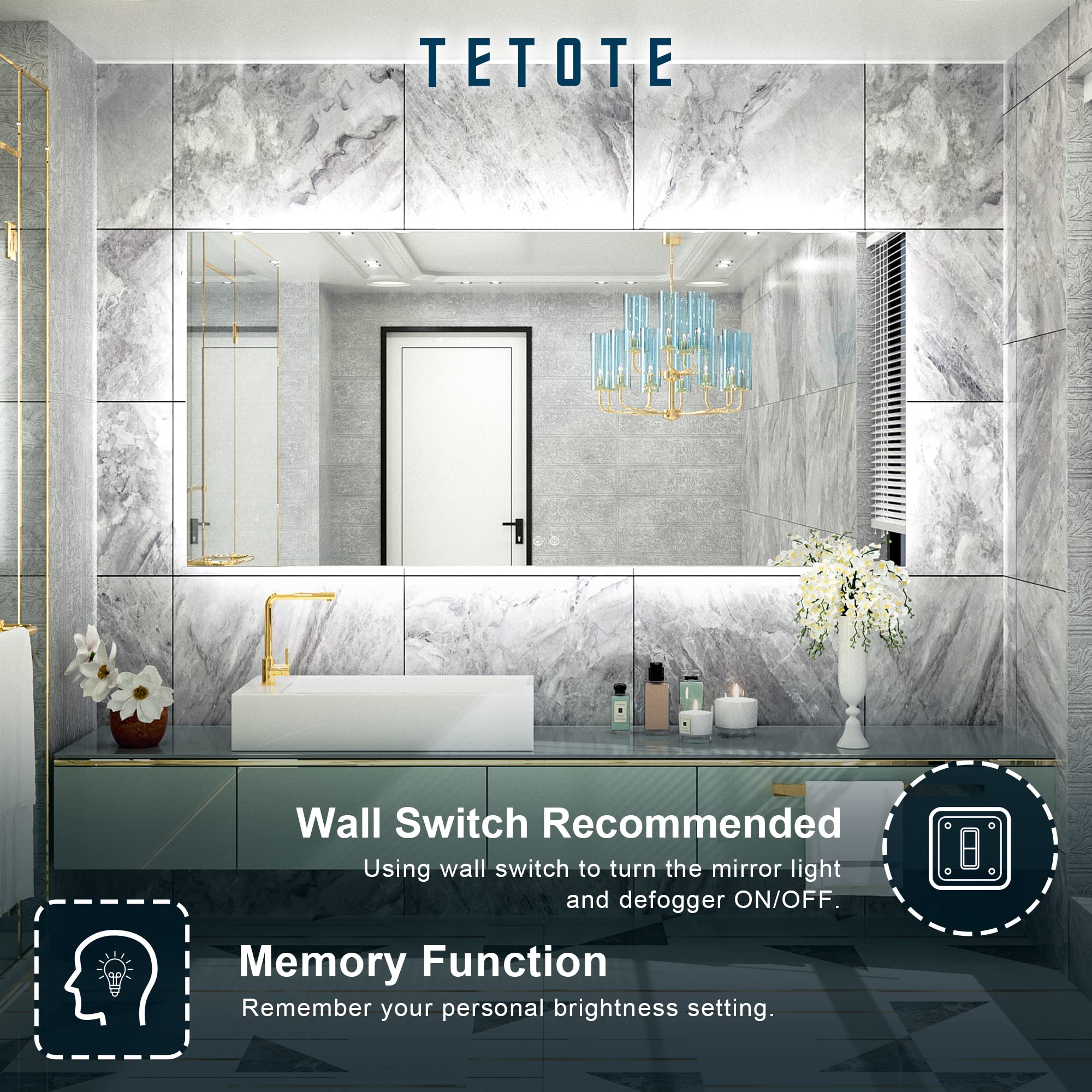 Tetote 60 X 28 Inch Led Backlit Mirror With Light Bathroom Vanity Lighted Mirror,Anti-Fog,Dimmalbe,Cri90,Waterproof,Wall Mounted