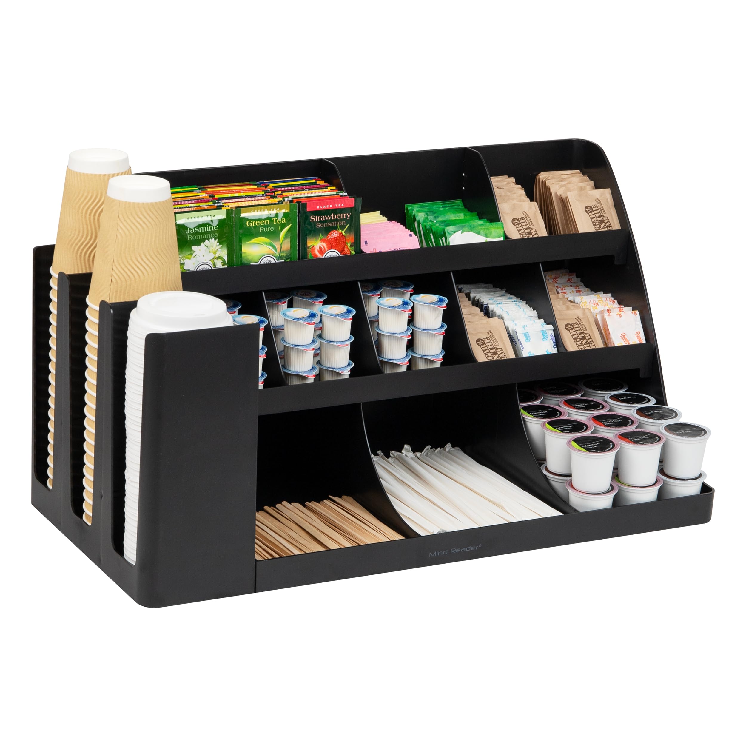 Mind Reader Cup And Condiment Station, Countertop Organizer, Coffee Bar, Kitchen, Stirrers, 24''L X 11.5''W X 12.5''H, Black