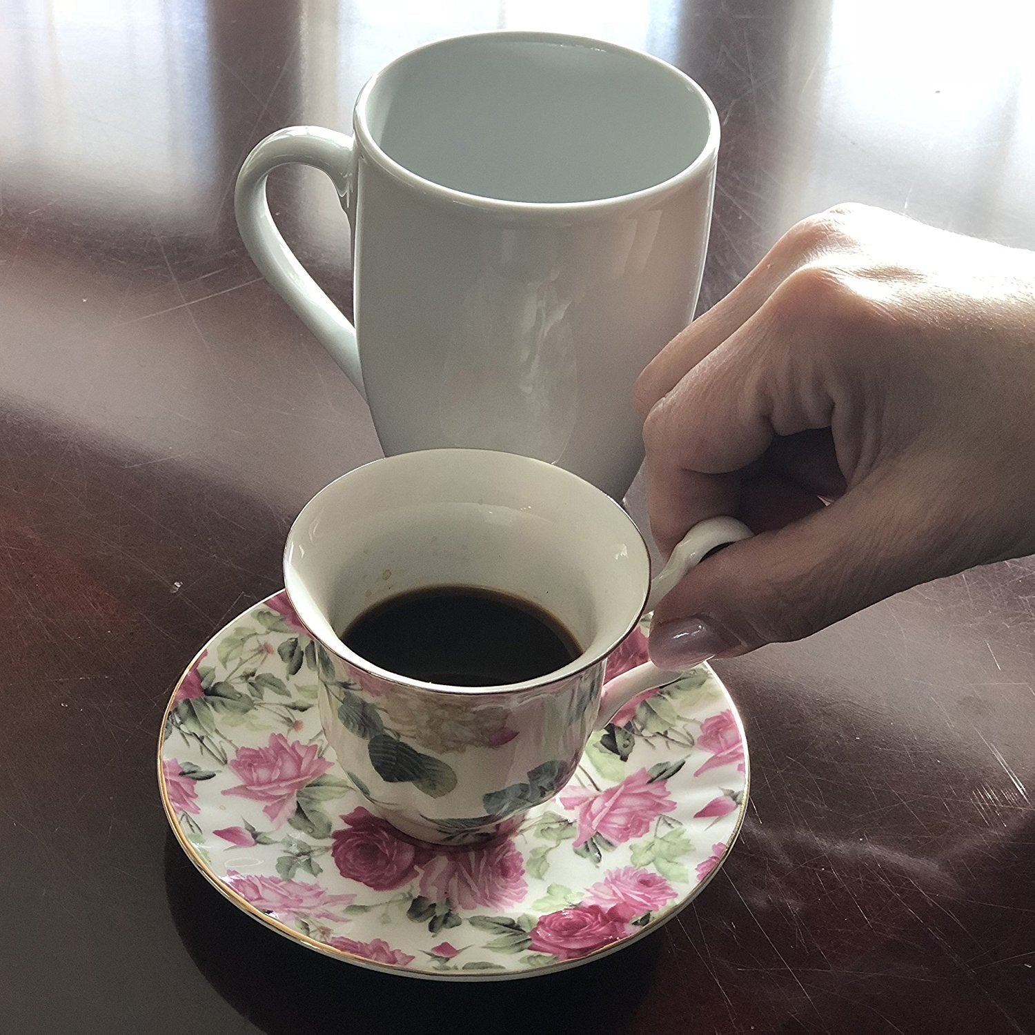 Gracie China Rose Chintz Porcelain 3-Ounce Small Petite Espresso/Demitasse Cup And Saucer With Gold Trim Set Of 4