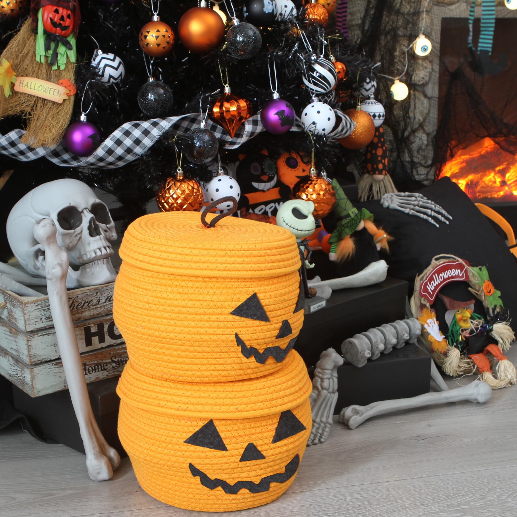 Sea Team Round Cotton Rope Storage Basket with Lid, Halloween Pumpkin Woven Storage Bin, Pot, Caddy, Organizer, Container for Sn