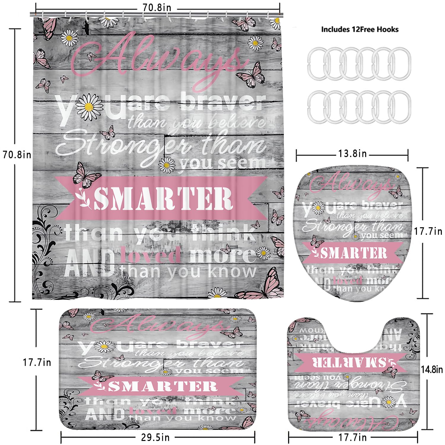 Azhm 4Pcs Inspirational Quotes Shower Curtain Sets With Rugs Floral Bathroom Decor Set With Shower Curtain And Rugs And Accessor