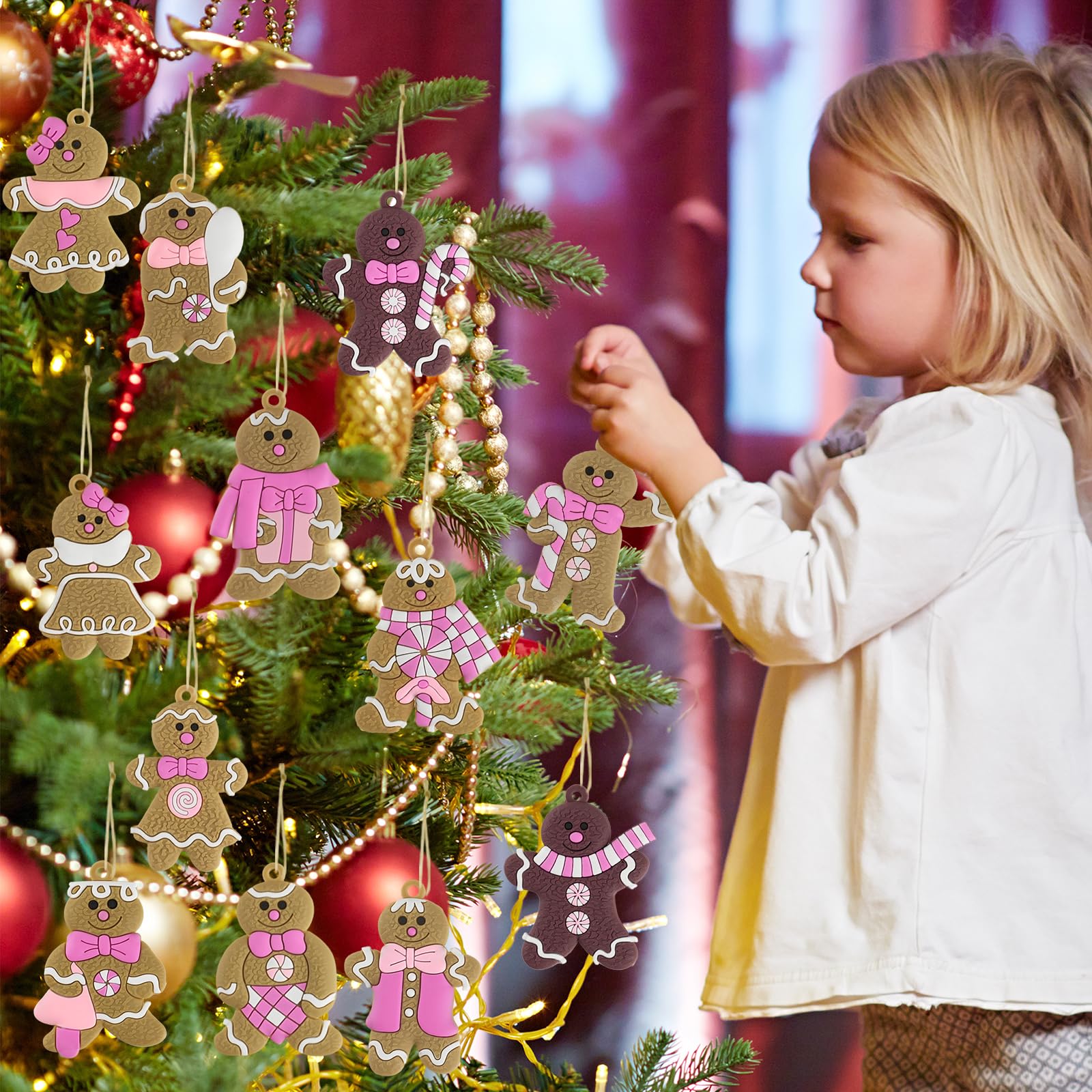 Kockuu Gingerbread Man Ornaments - 12pcs Pink Christmas Tree Decorations, Rubber Hanging Ornaments for Holiday Home Decor